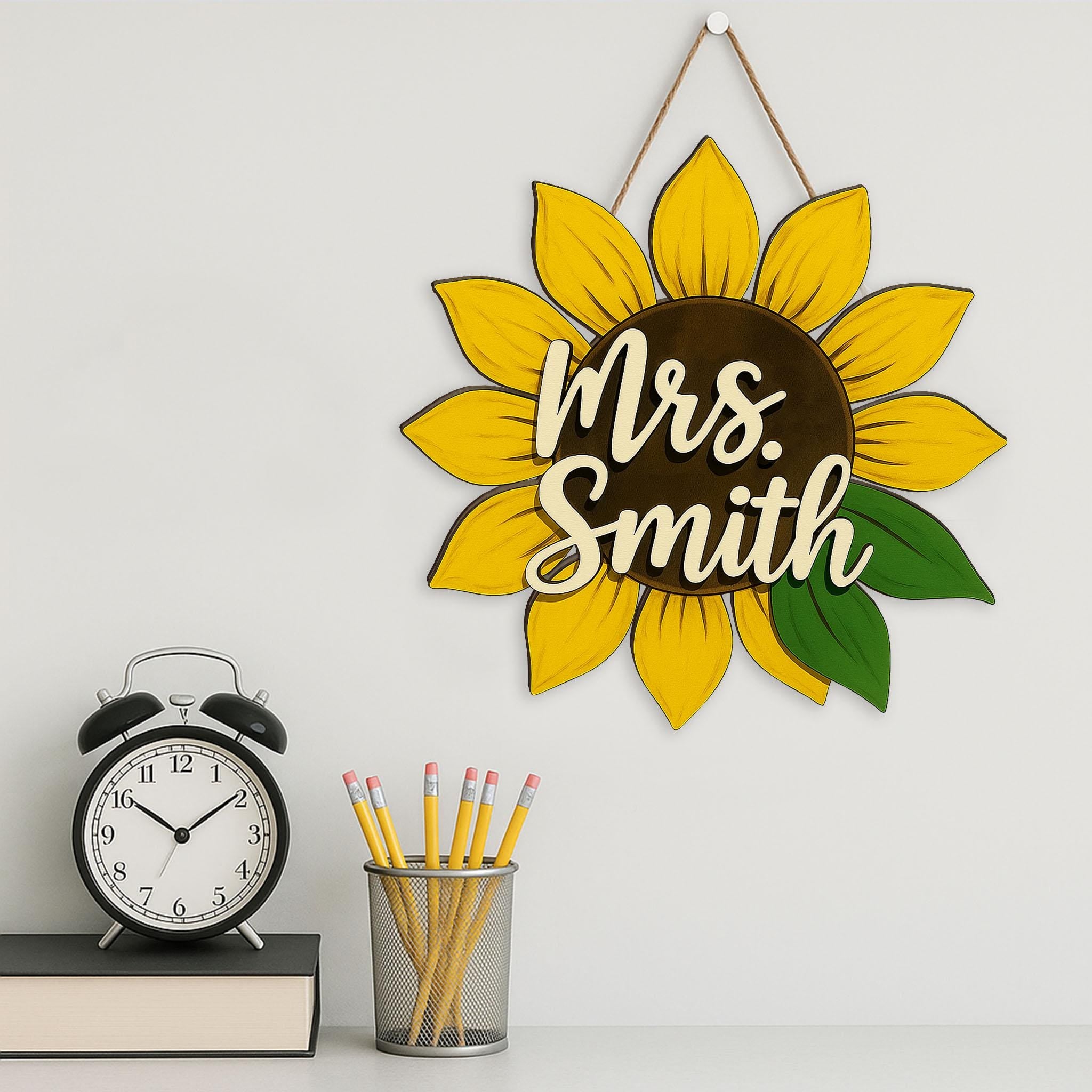Custom Sunflower Teacher Sign, Personalized Wooden Door Hanger, Back to School Gift for Teacher, Classroom Floral Name Sign
