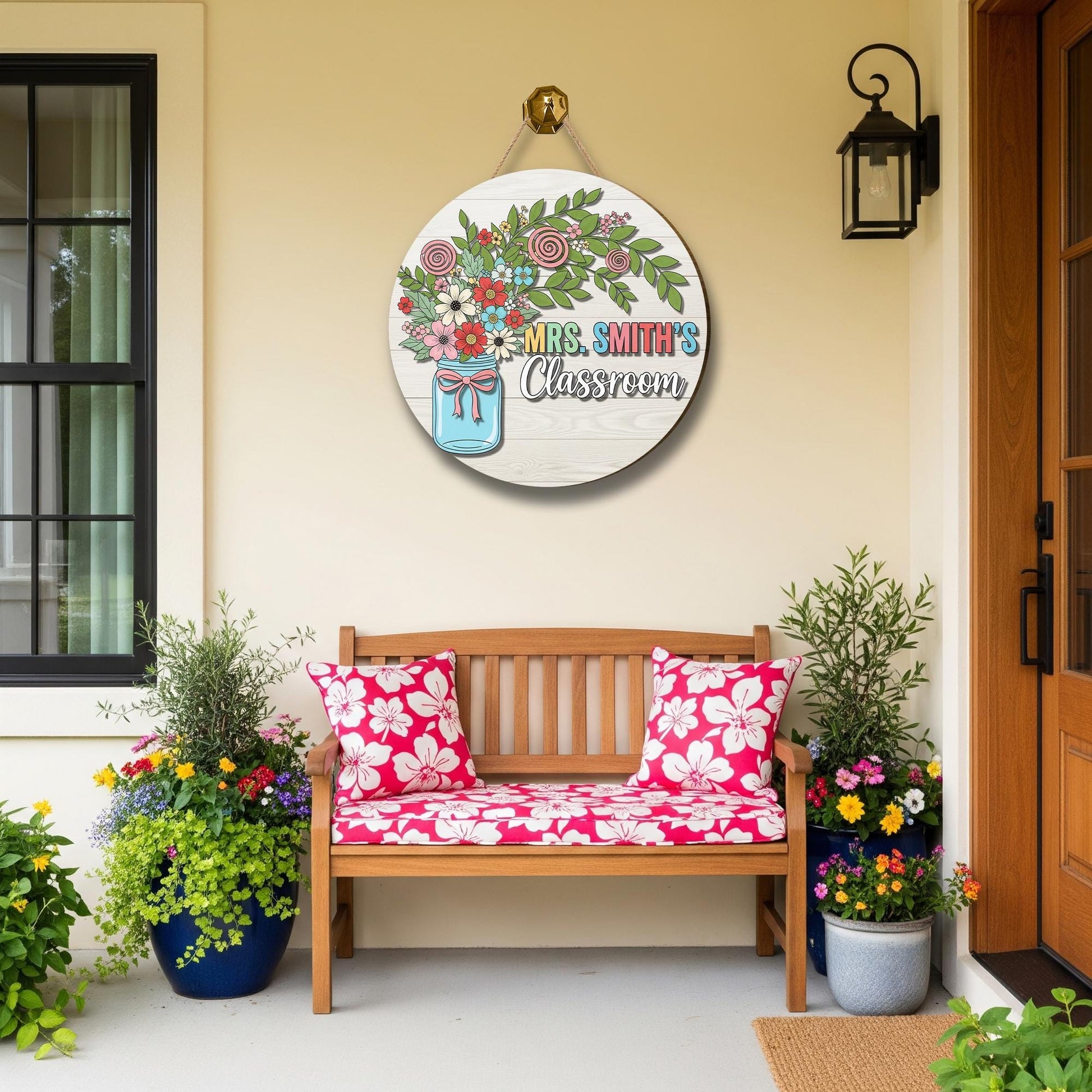Personalized Teacher Door Sign – Floral Classroom Decor with Name – Custom Wooden Flower Jar Back to School Sign for Teachers, Educators