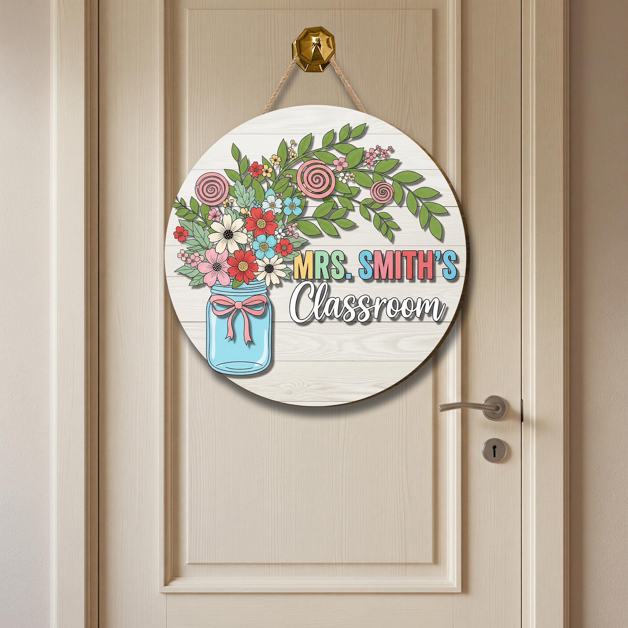 Personalized Teacher Door Sign – Floral Classroom Decor with Name – Custom Wooden Flower Jar Back to School Sign for Teachers, Educators