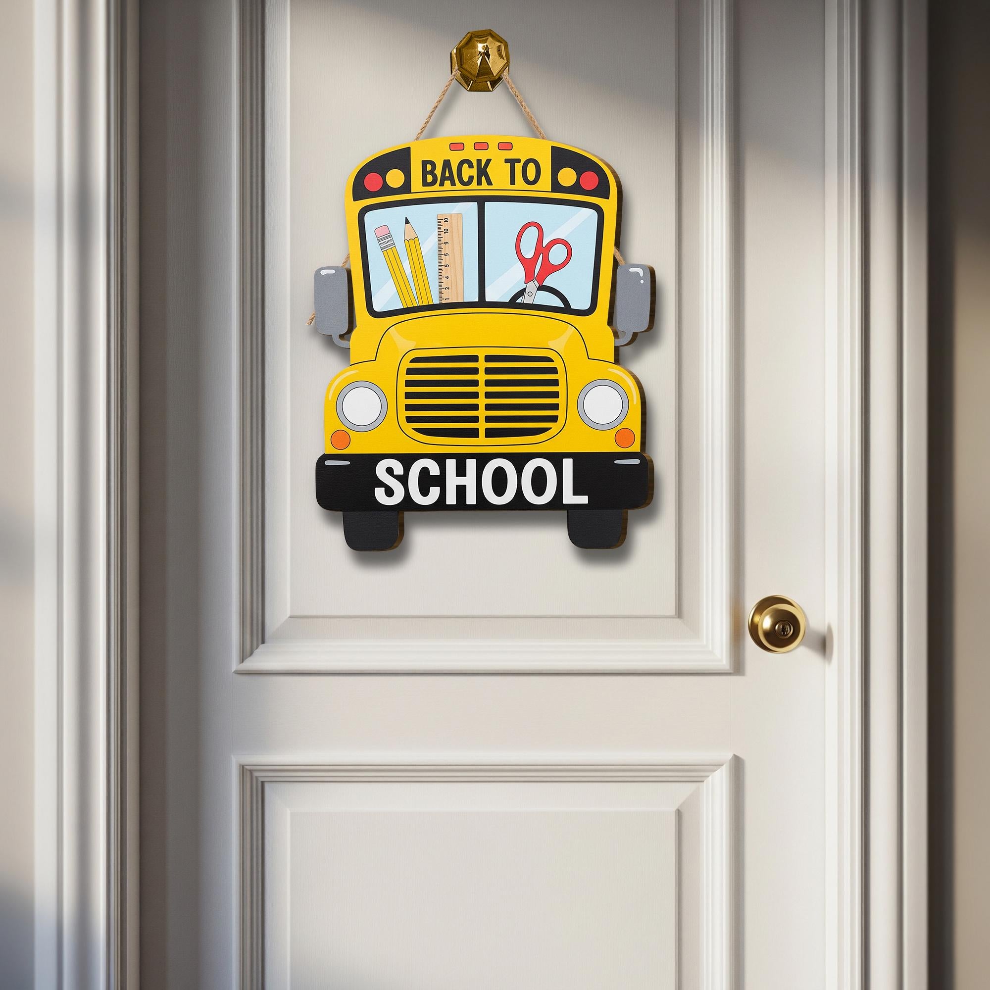 Back to School Bus Sign, Wooden Classroom Door Decor, Teacher Welcome Sign, Yellow School Bus Hanger, First Day School Decoration
