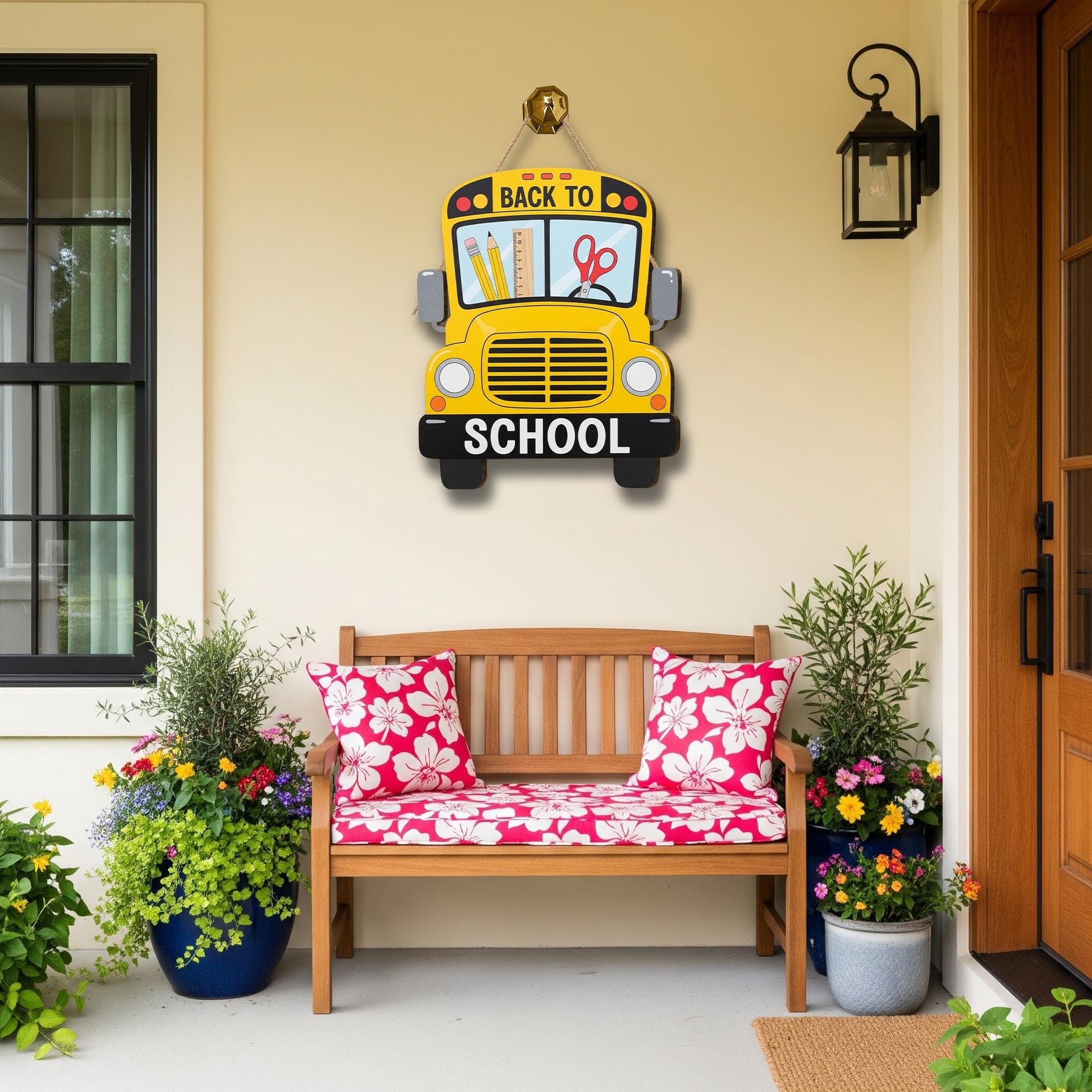 Back to School Bus Sign, Wooden Classroom Door Decor, Teacher Welcome Sign, Yellow School Bus Hanger, First Day School Decoration