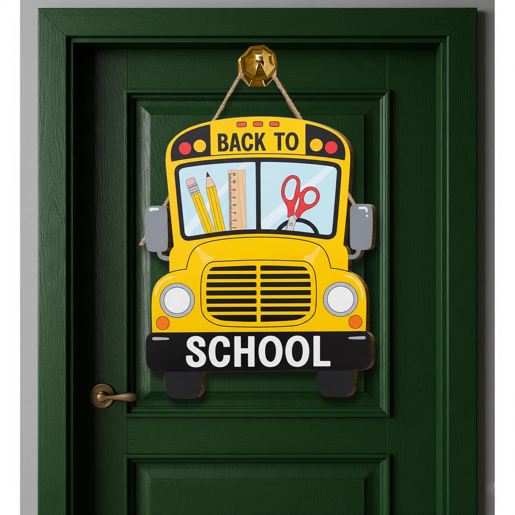 Back to School Bus Sign, Wooden Classroom Door Decor, Teacher Welcome Sign, Yellow School Bus Hanger, First Day School Decoration