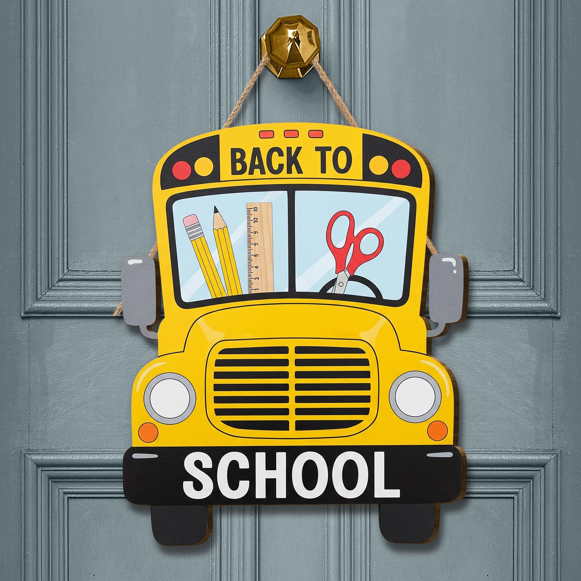 Back to School Bus Sign, Wooden Classroom Door Decor, Teacher Welcome Sign, Yellow School Bus Hanger, First Day School Decoration