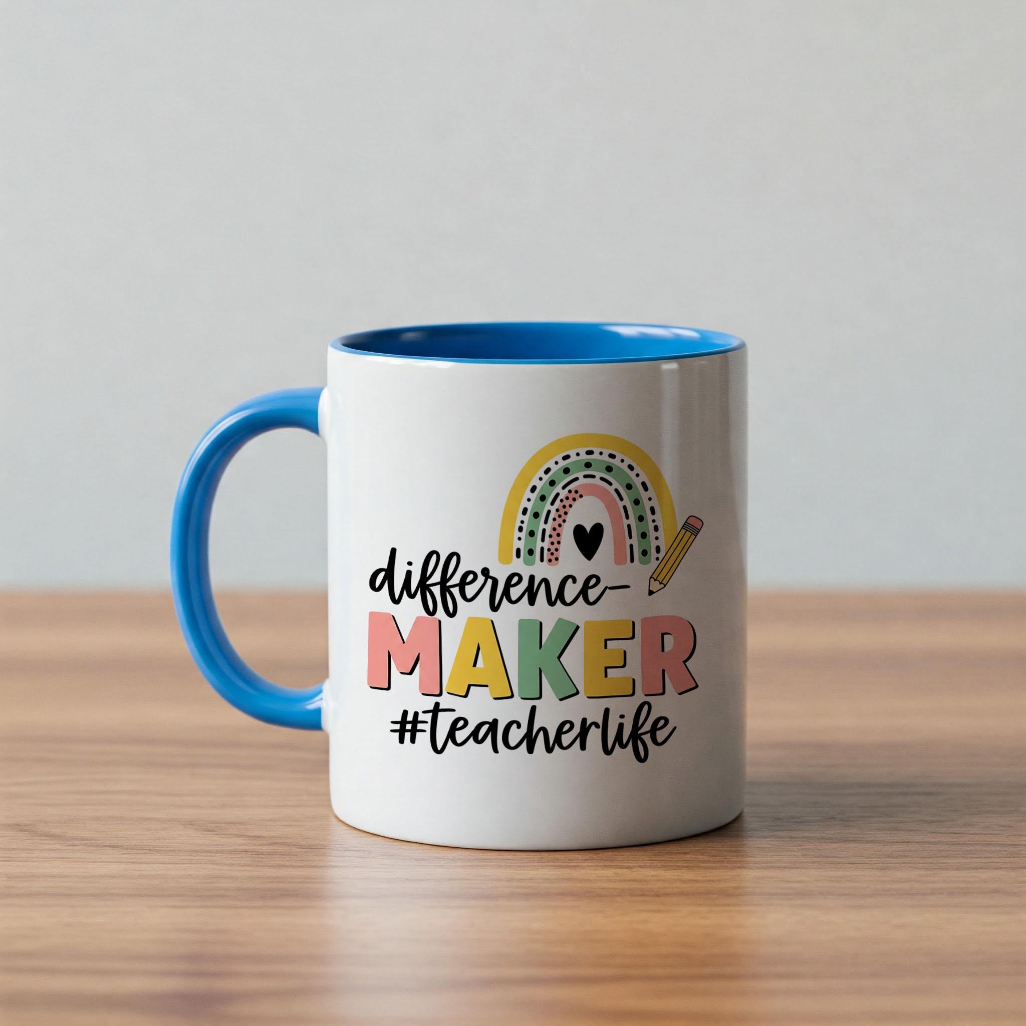 Difference Maker Teacher Mug – Accent Coffee Cup for Educators with Rainbow Design – Teacher Life Gift for Back to School