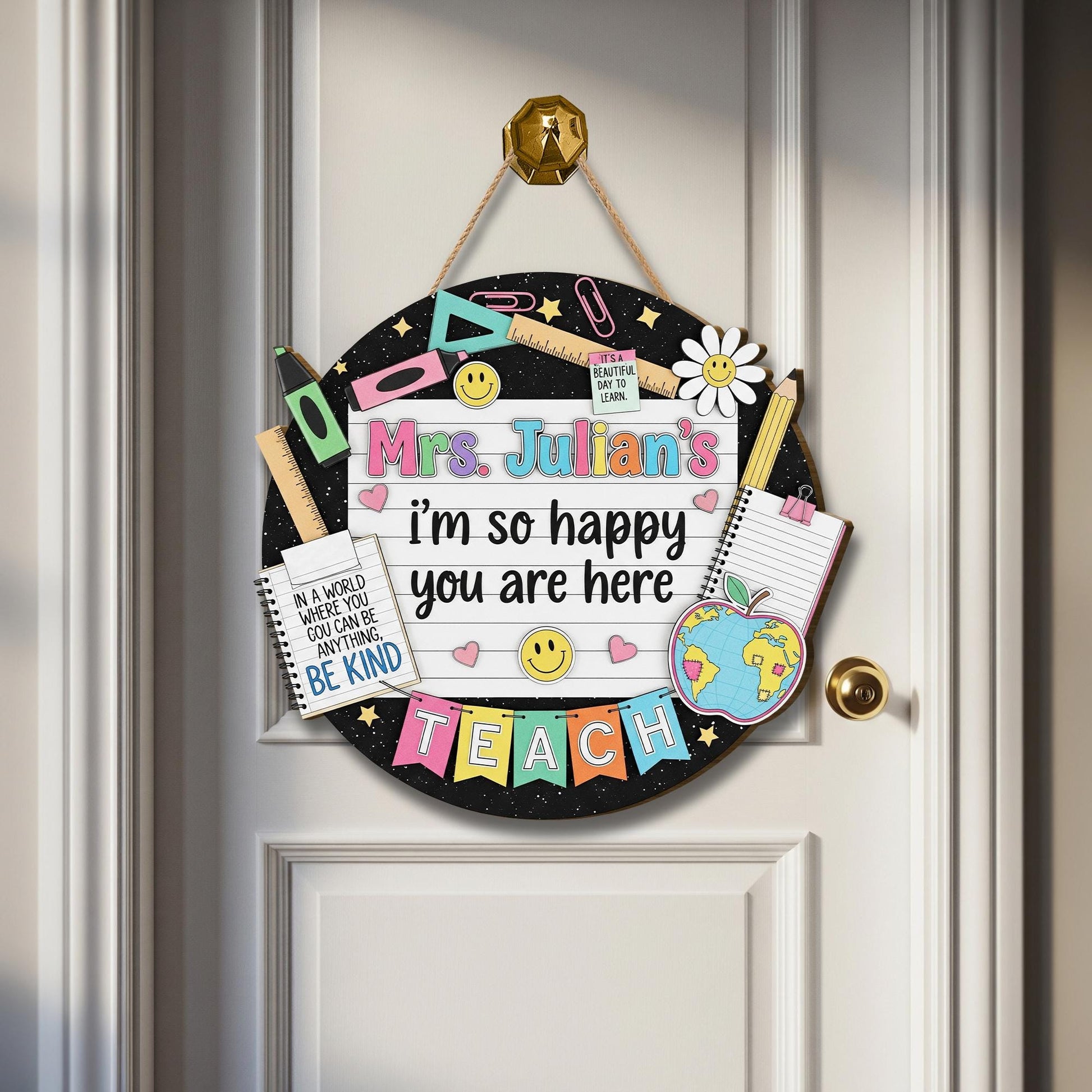 Custom Teacher Welcome Sign, Personalized Back to School Door Decor, Happy Classroom Wooden Sign for Teacher, Be Kind Theme