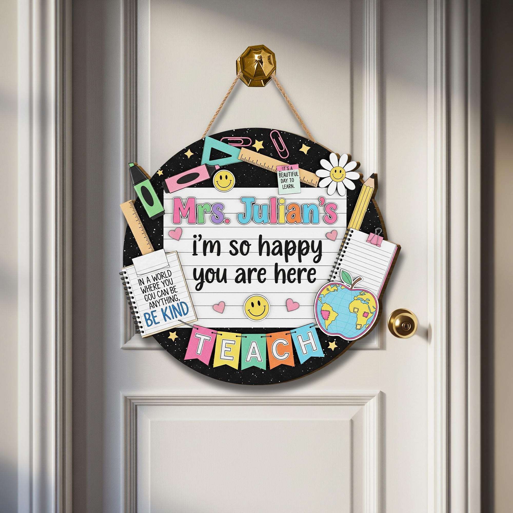 Custom Teacher Welcome Sign, Personalized Back to School Door Decor, Happy Classroom Wooden Sign for Teacher, Be Kind Theme