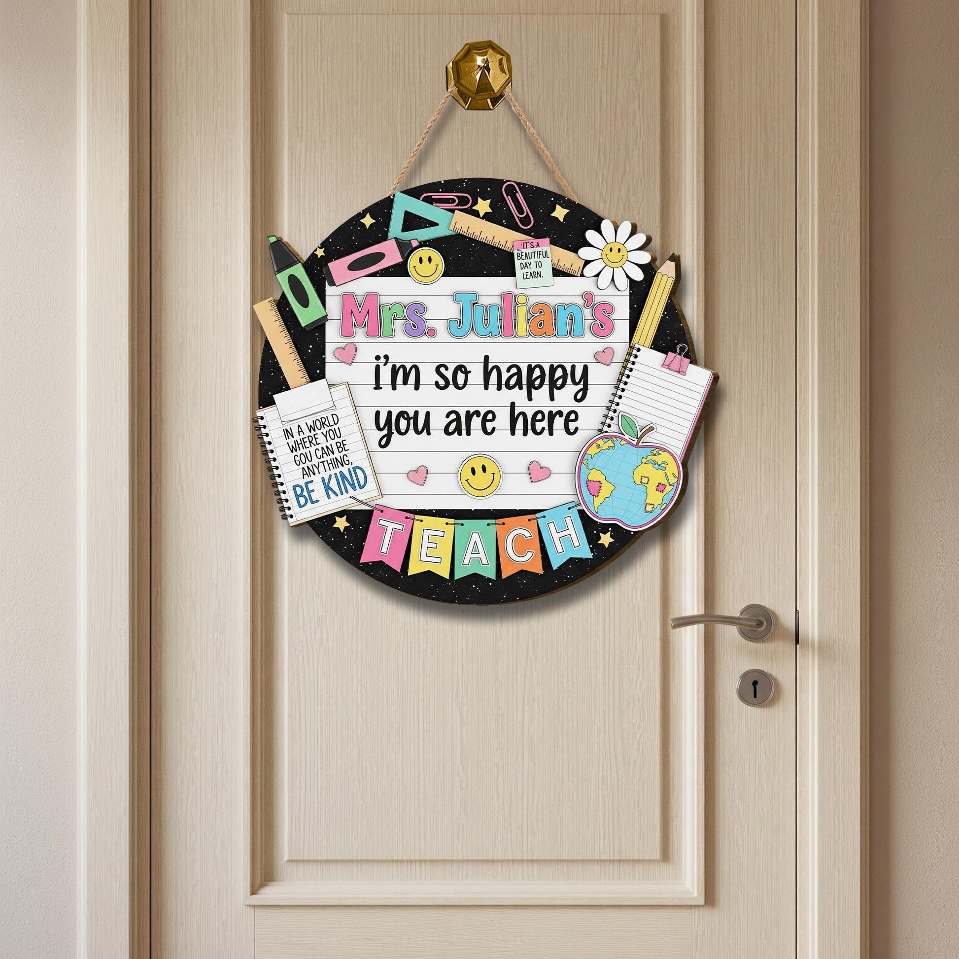 Custom Teacher Welcome Sign, Personalized Back to School Door Decor, Happy Classroom Wooden Sign for Teacher, Be Kind Theme