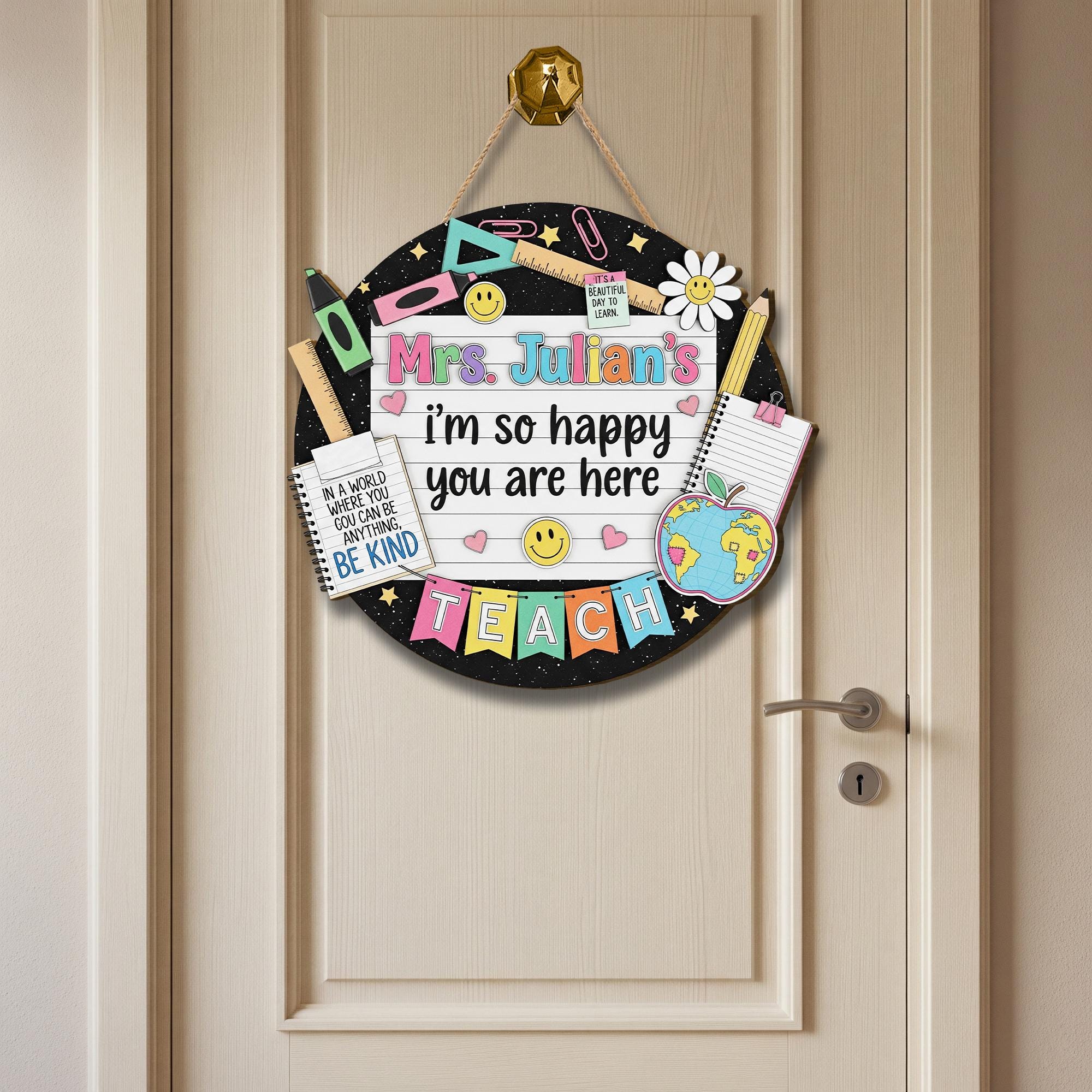 Custom Teacher Welcome Sign, Personalized Back to School Door Decor, Happy Classroom Wooden Sign for Teacher, Be Kind Theme