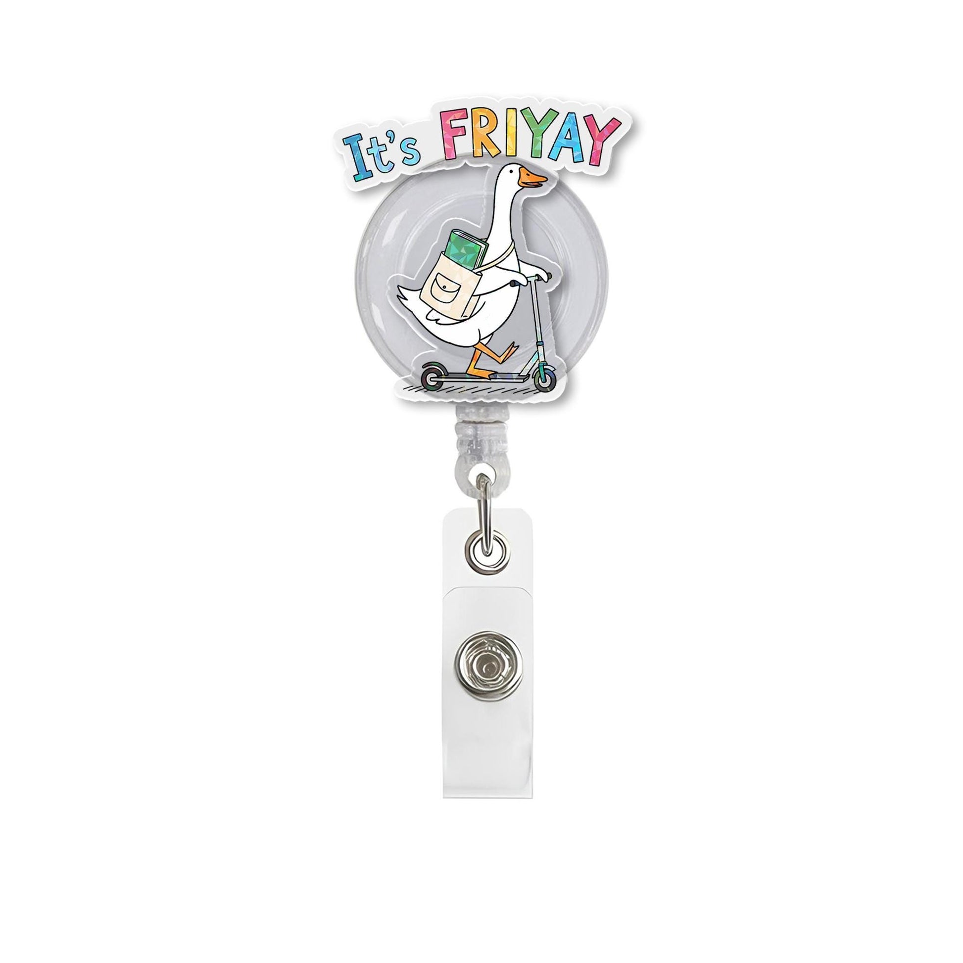 Funny Goose on Scooter Badge Reel - It's FRIYAY Retractable ID Holder for Nurses, Teachers, Students, Office Workers -Cute Animal Badge Clip