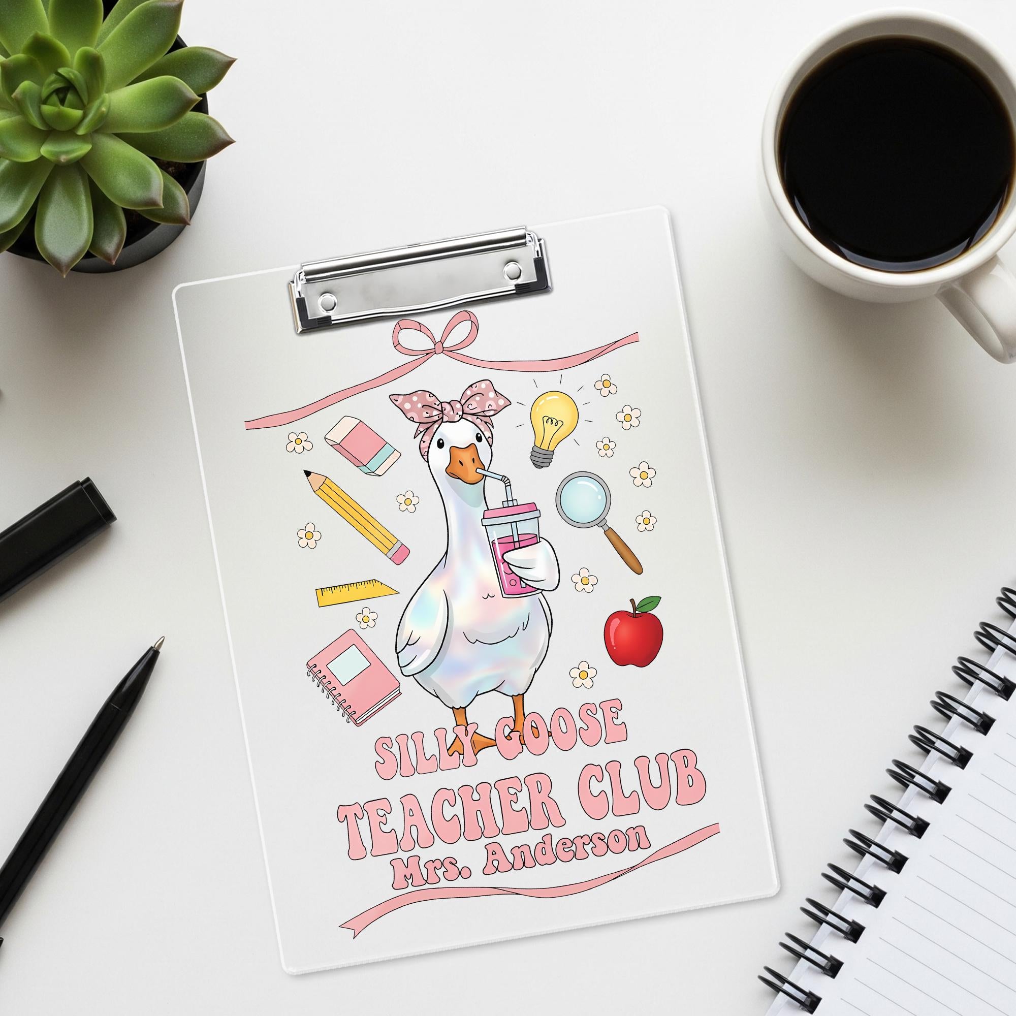 Personalized Silly Goose Teacher Club Clipboard, Custom Teacher Name, Cute End of Year Appreciation Gift, A4 Office School Supplies