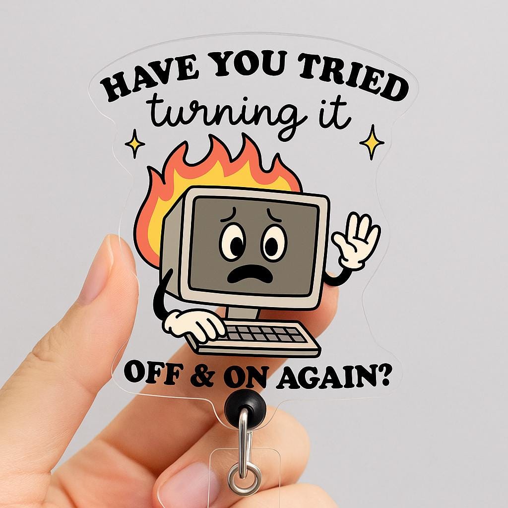 Troubleshooting Computer Badge Reel, Funny IT Support Gift, Tech Humor Retractable ID Holder, Office Worker Present