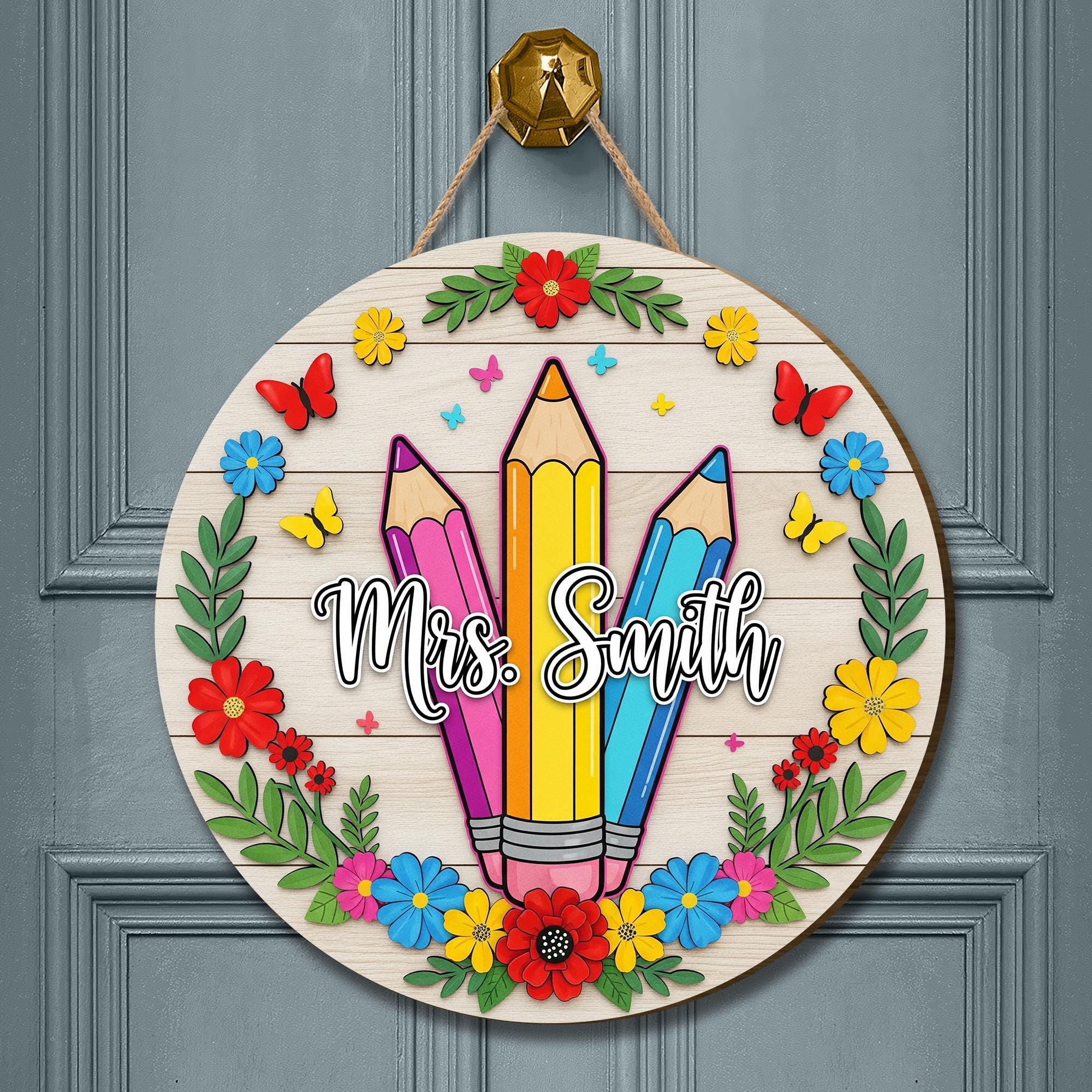 Personalized Teacher 2 Layer Wooden Door Sign – Colorful Pencil & Flower Classroom Decor – Custom Name Teachers Wooden Back to School Sign