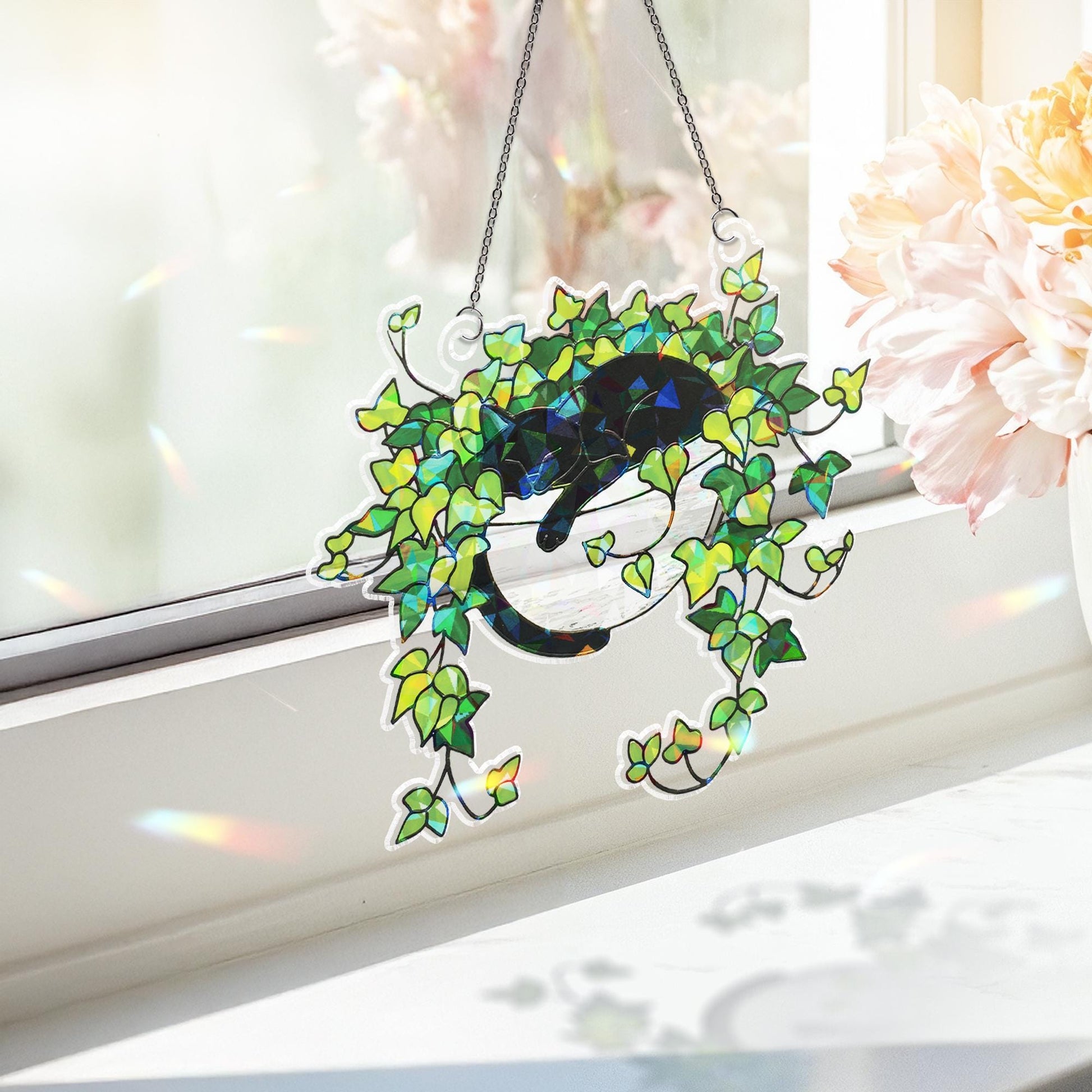 Holographic Cat Ivy ACRYLIC Suncatcher, Acrylic Plant Window Decor, Black Cat Hanging Art, Stained Glass Style Sun Catcher
