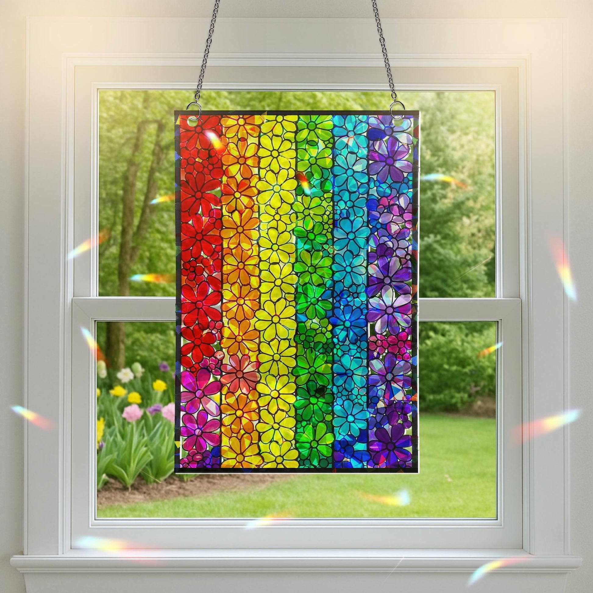 Rainbow Flower ACRYLIC Suncatcher, Acrylic Stained Glass Panel, Pride Window Decor, Colorful Floral Wall Hanging, Holographic Art Gift