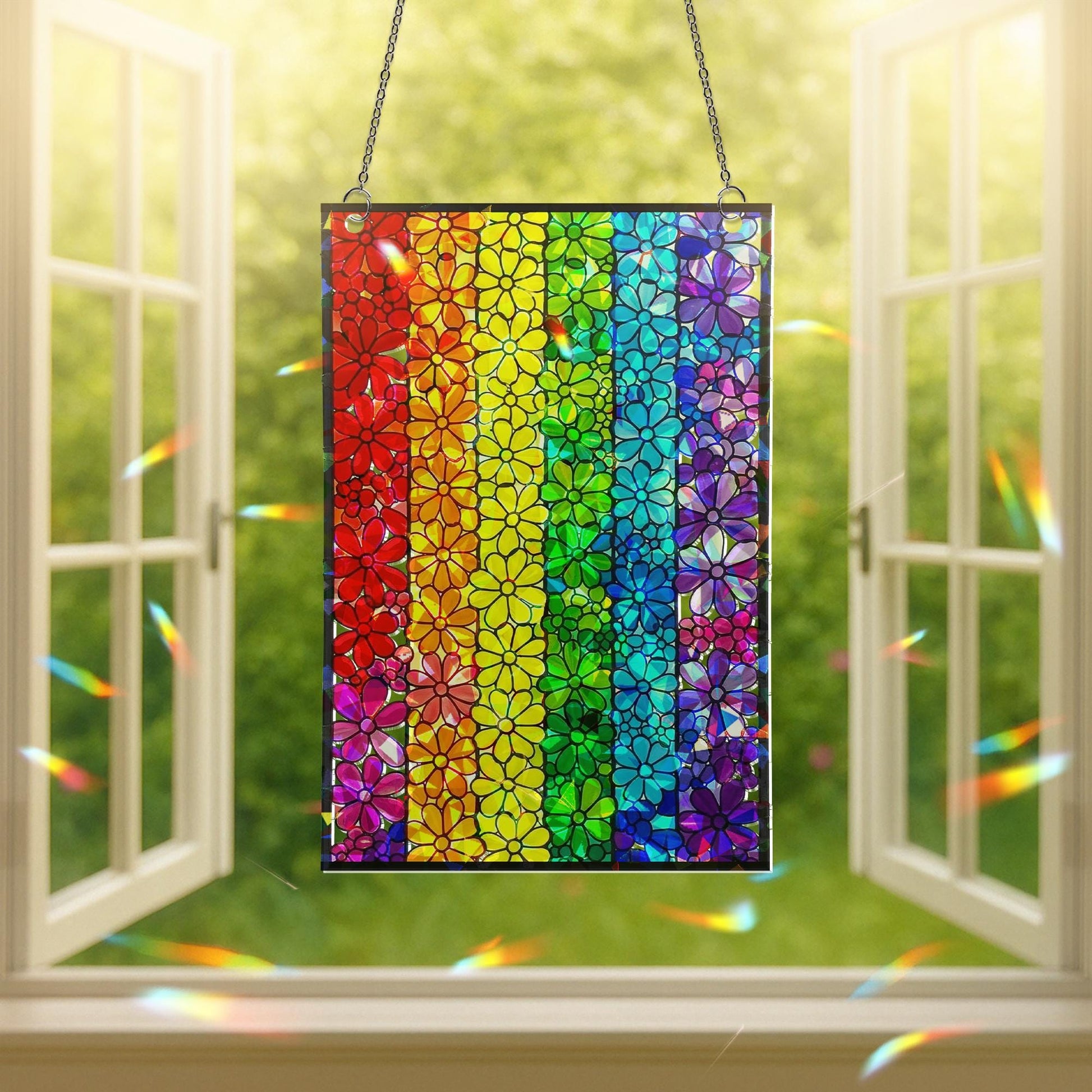 Rainbow Flower ACRYLIC Suncatcher, Acrylic Stained Glass Panel, Pride Window Decor, Colorful Floral Wall Hanging, Holographic Art Gift