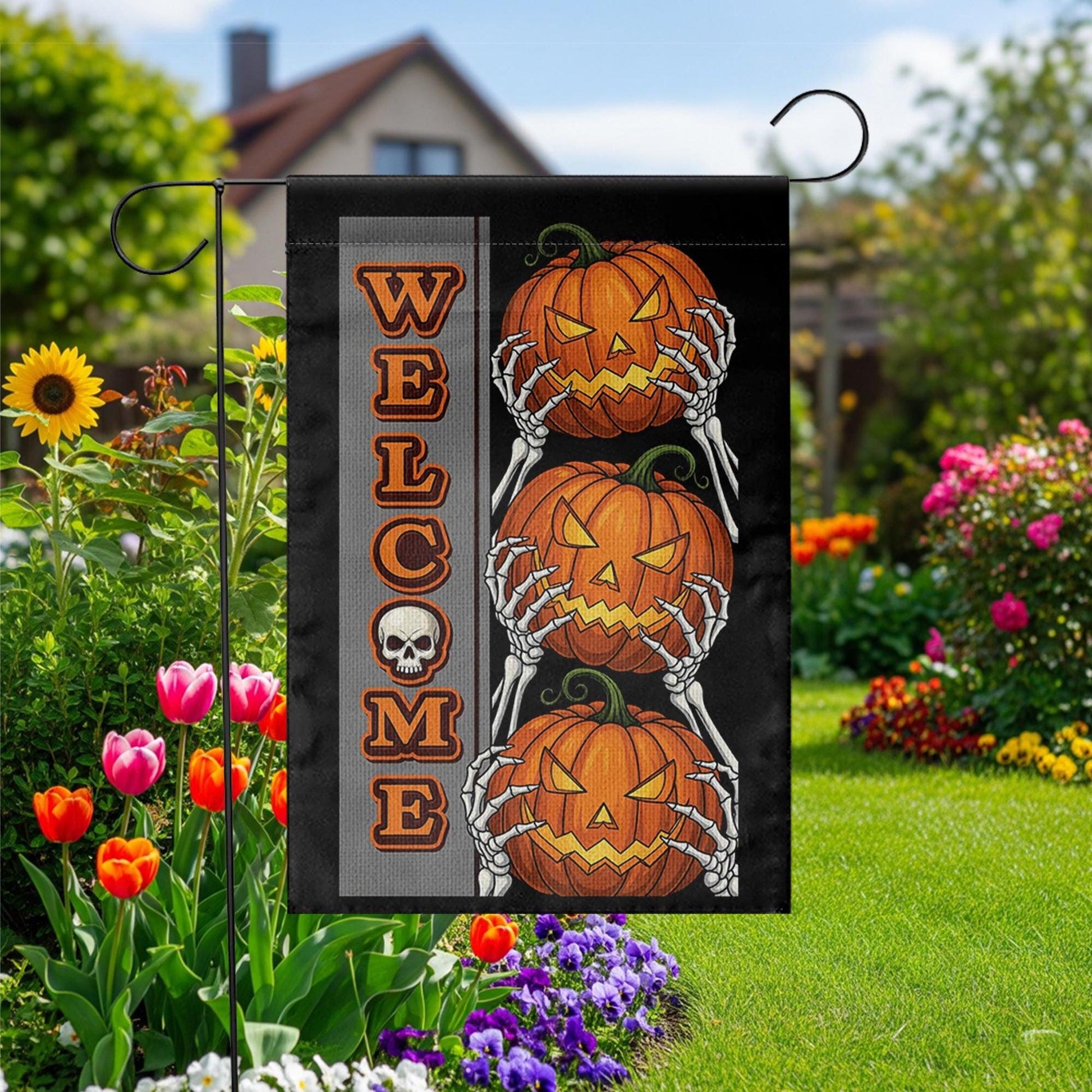 Welcome Halloween Garden Flag with Pumpkins and Skeleton Hands | Spooky Outdoor Fall Decor | Scary Yard Sign