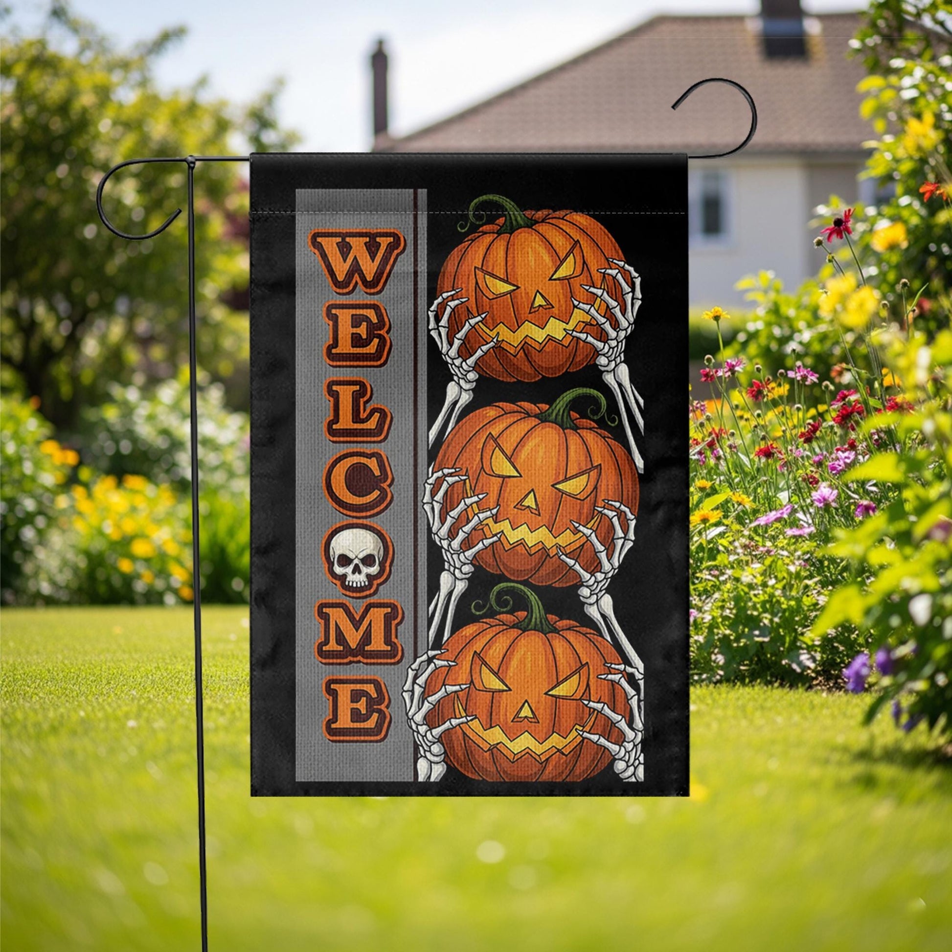 Welcome Halloween Garden Flag with Pumpkins and Skeleton Hands | Spooky Outdoor Fall Decor | Scary Yard Sign