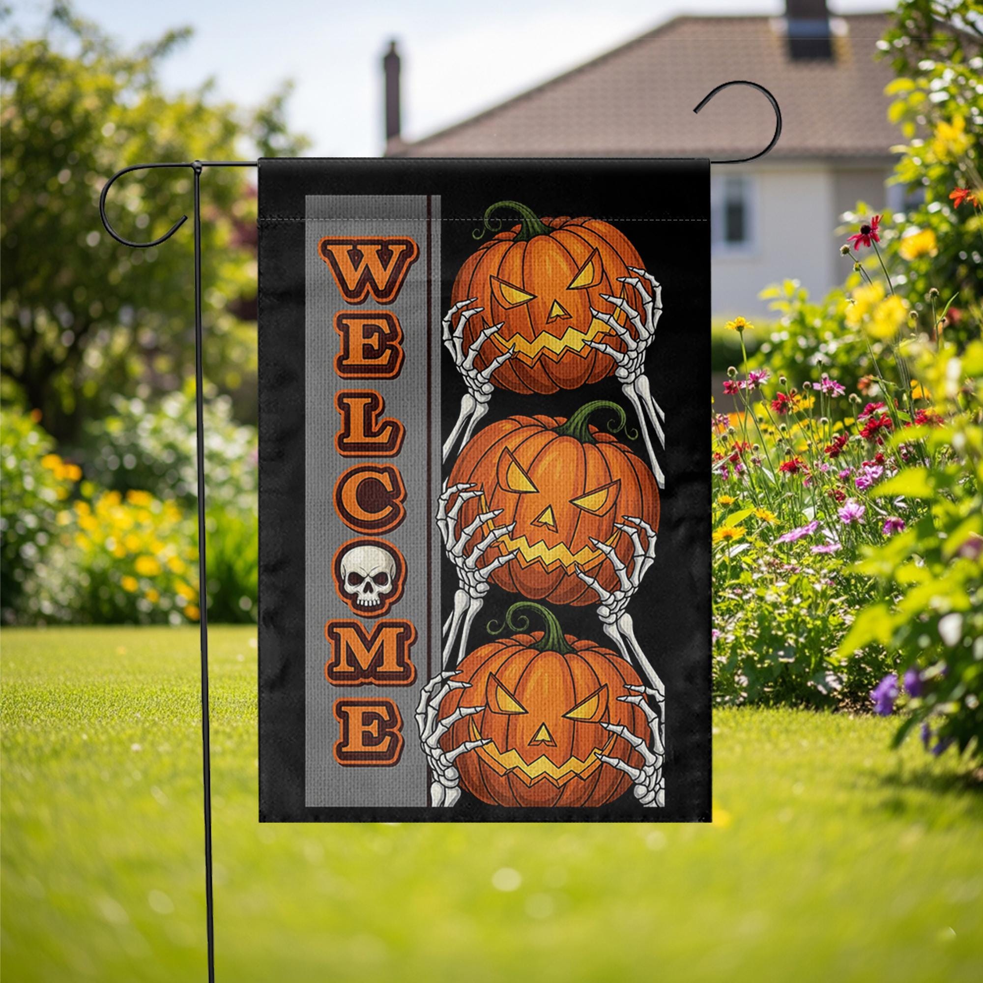 Welcome Halloween Garden Flag with Pumpkins and Skeleton Hands | Spooky Outdoor Fall Decor | Scary Yard Sign