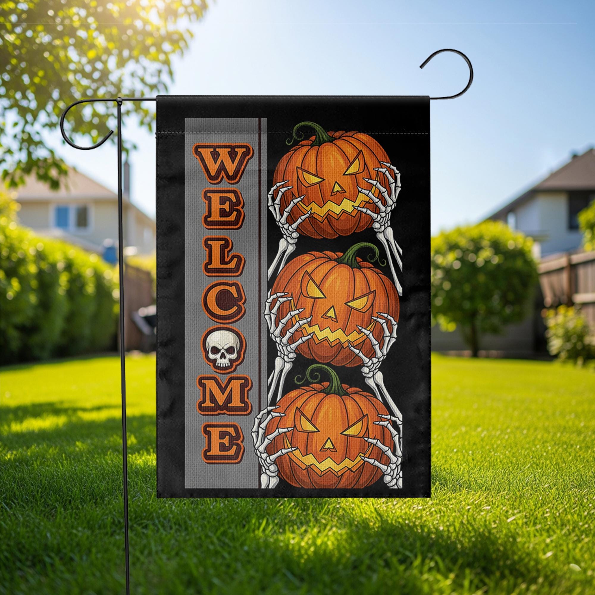 Welcome Halloween Garden Flag with Pumpkins and Skeleton Hands | Spooky Outdoor Fall Decor | Scary Yard Sign