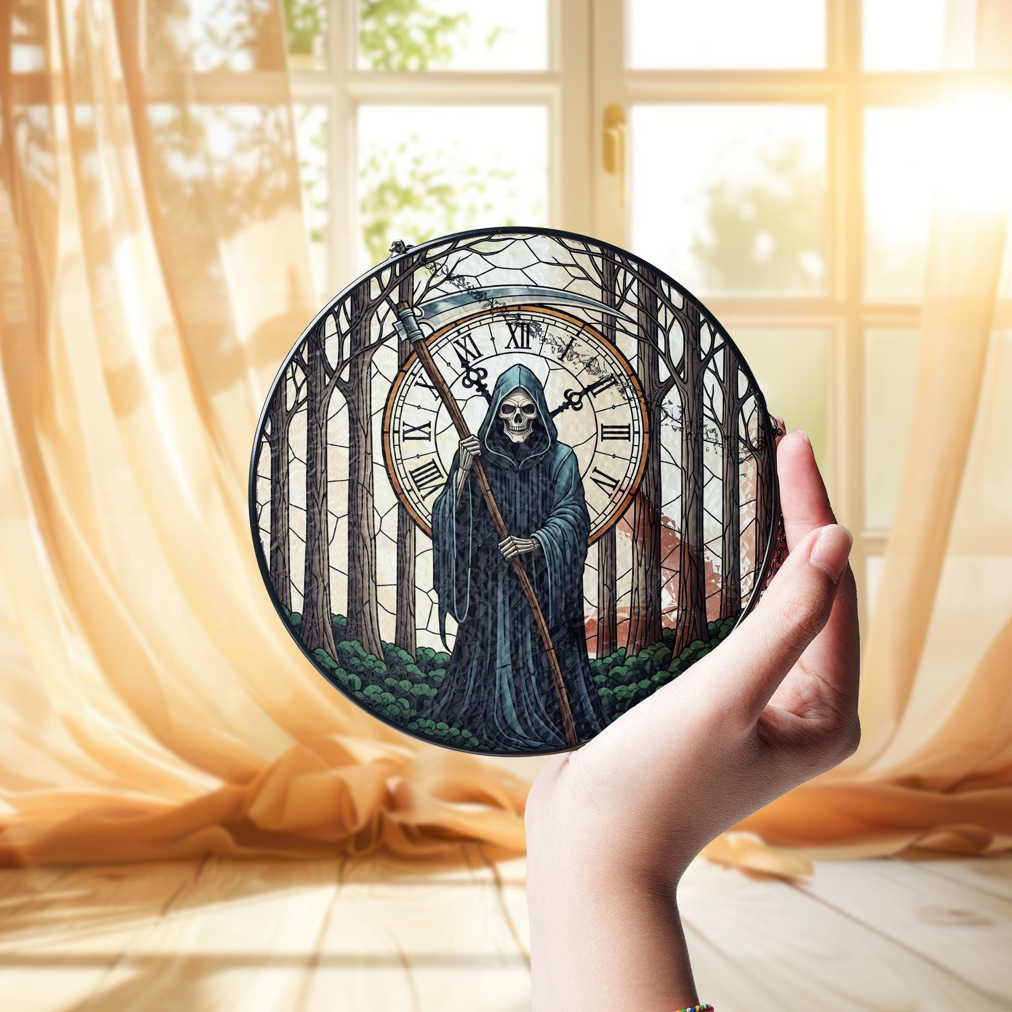 Grim Reaper Stained Glass Ornament | Gothic Clock Window Hanging | Dark Forest Decor | Halloween Death Art Gift