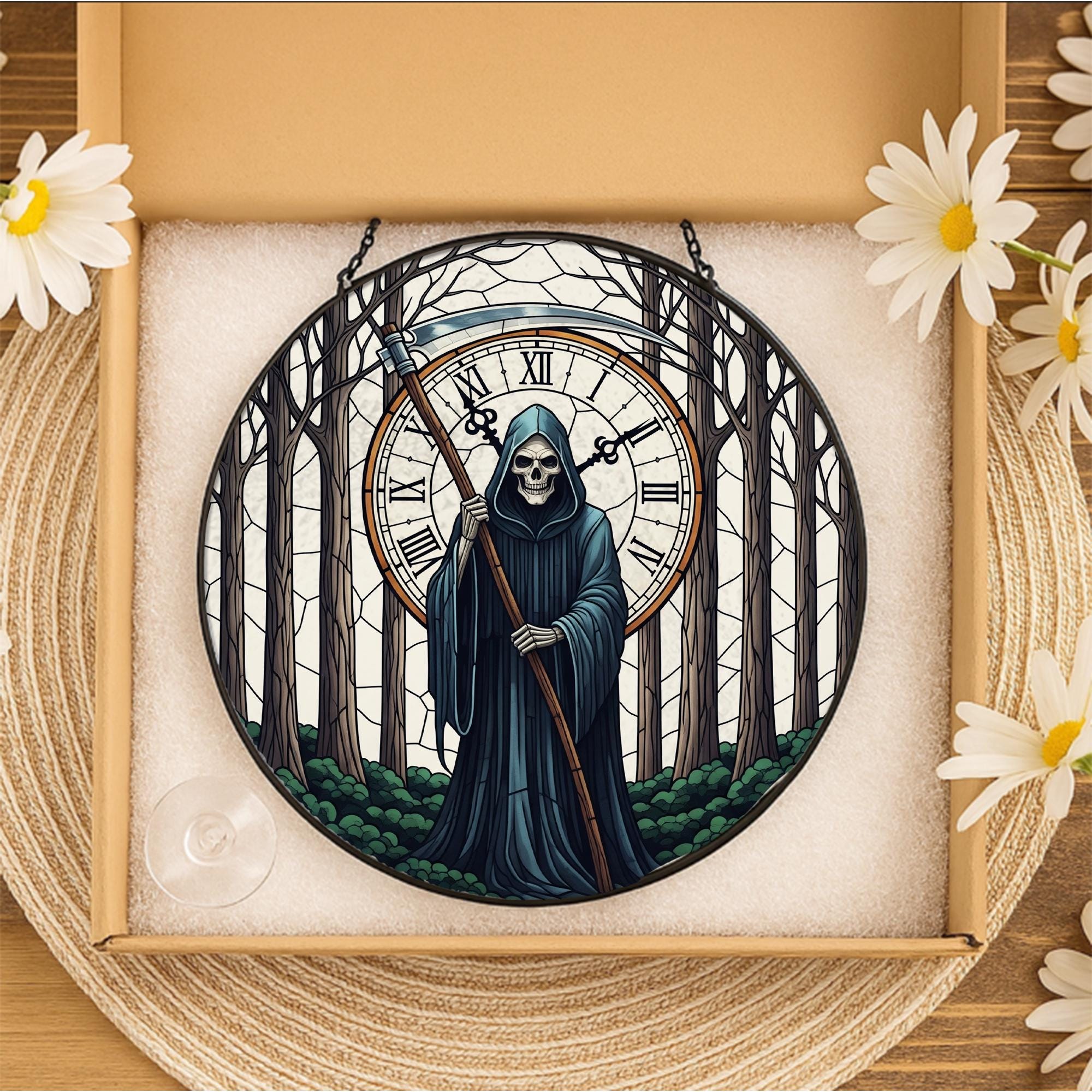 Grim Reaper Stained Glass Ornament | Gothic Clock Window Hanging | Dark Forest Decor | Halloween Death Art Gift