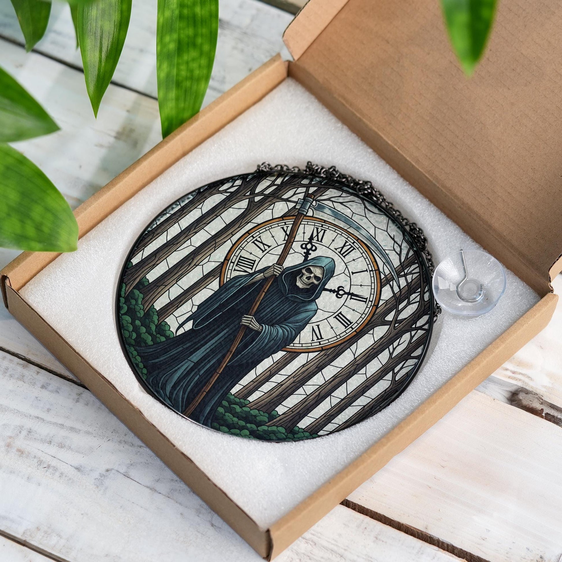 Grim Reaper Stained Glass Ornament | Gothic Clock Window Hanging | Dark Forest Decor | Halloween Death Art Gift