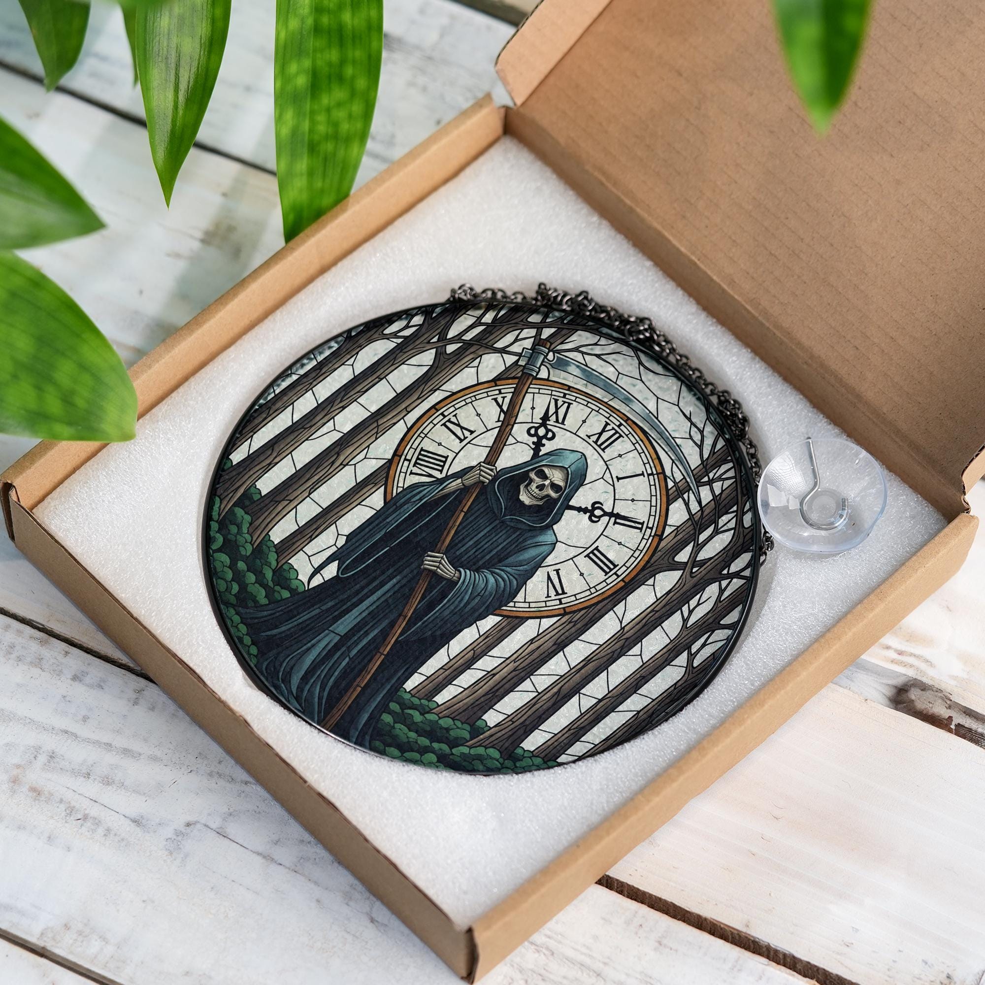Grim Reaper Stained Glass Ornament | Gothic Clock Window Hanging | Dark Forest Decor | Halloween Death Art Gift