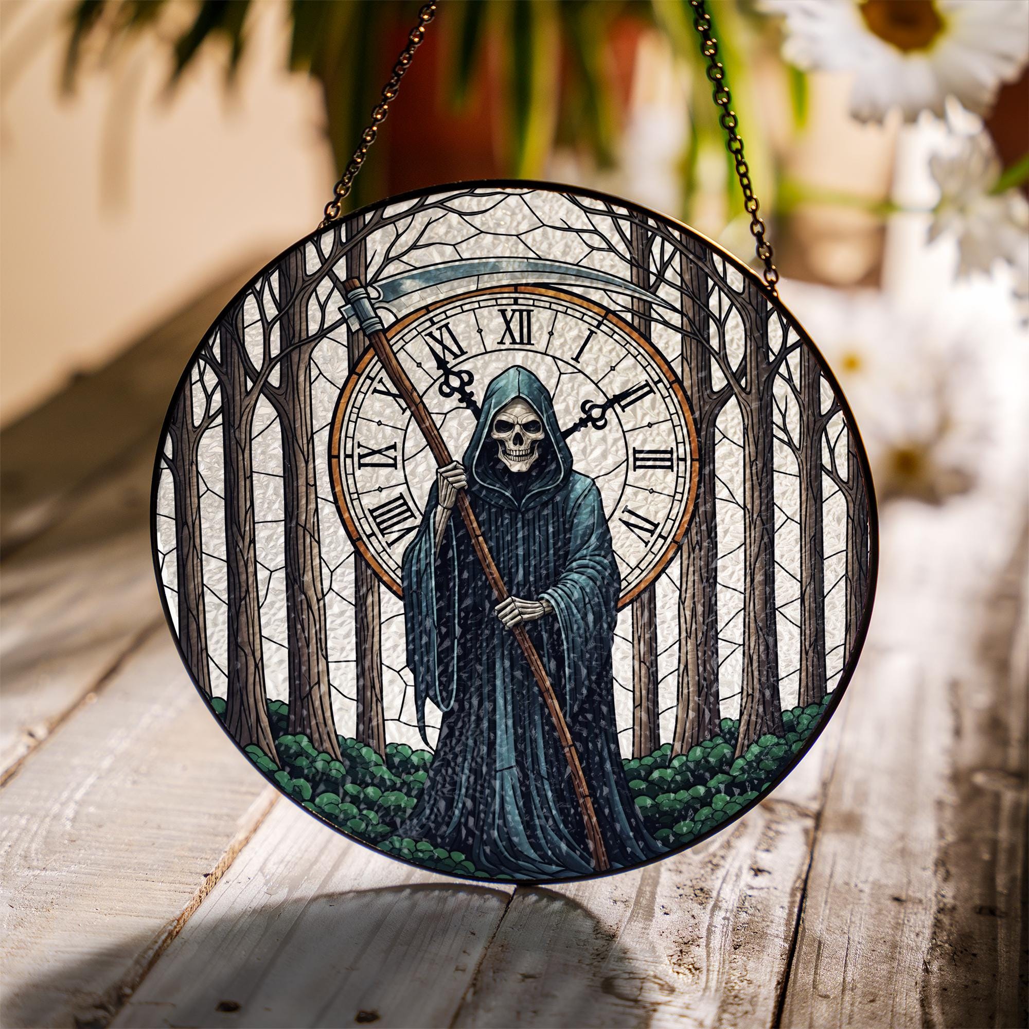 Grim Reaper Stained Glass Ornament | Gothic Clock Window Hanging | Dark Forest Decor | Halloween Death Art Gift
