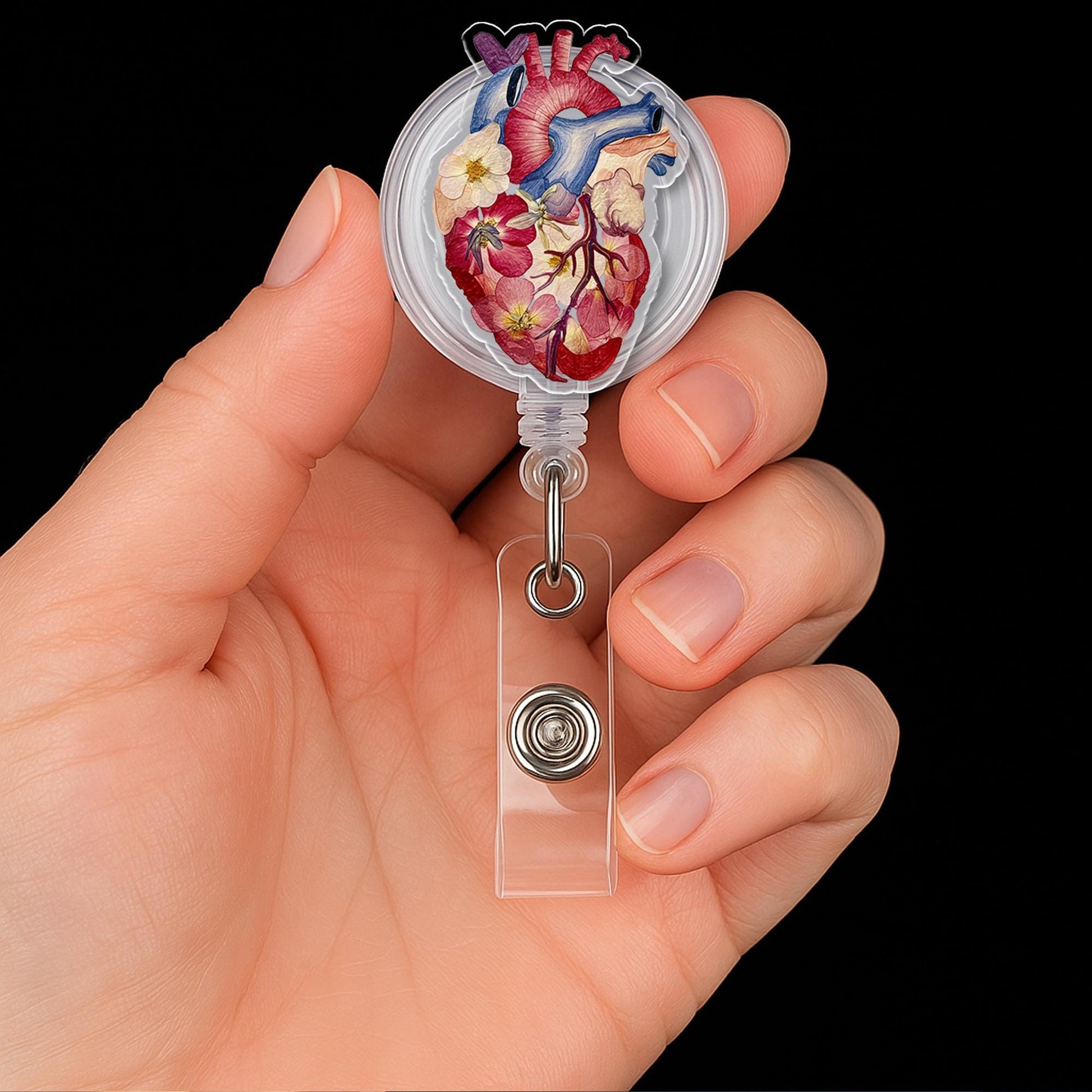 Anatomical Heart Badge Reel, Floral Medical ID Holder, Cardiology Badge Clip, Nurse Gift, Doctor Badge Reel, Heart Doctor Accessory