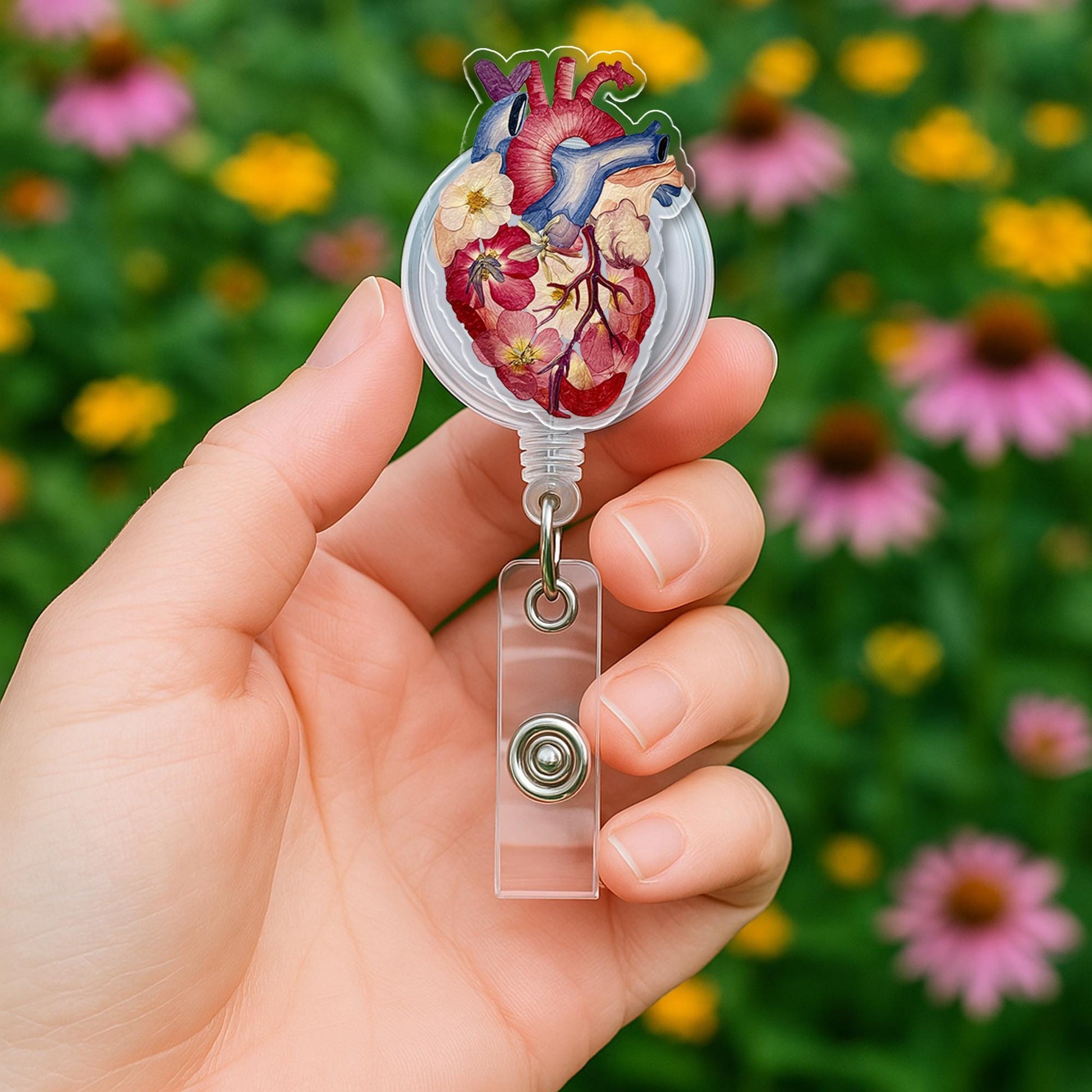 Anatomical Heart Badge Reel, Floral Medical ID Holder, Cardiology Badge Clip, Nurse Gift, Doctor Badge Reel, Heart Doctor Accessory
