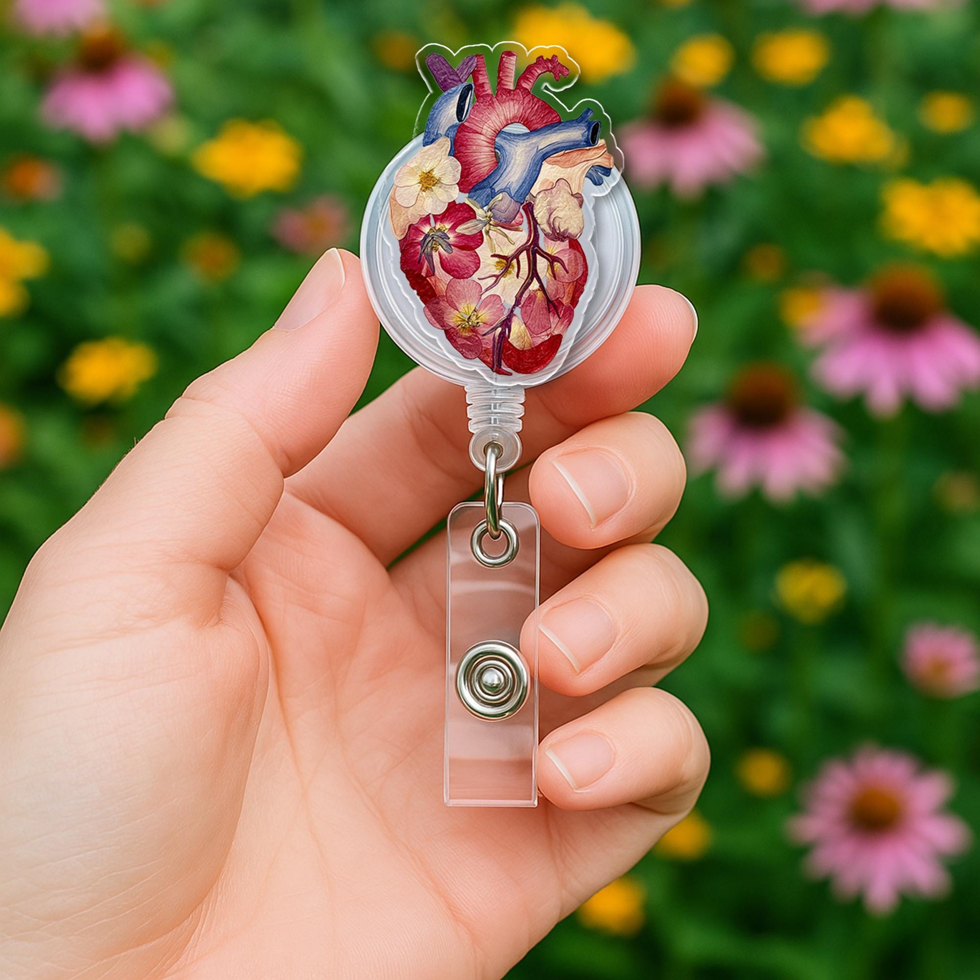 Anatomical Heart Badge Reel, Floral Medical ID Holder, Cardiology Badge Clip, Nurse Gift, Doctor Badge Reel, Heart Doctor Accessory