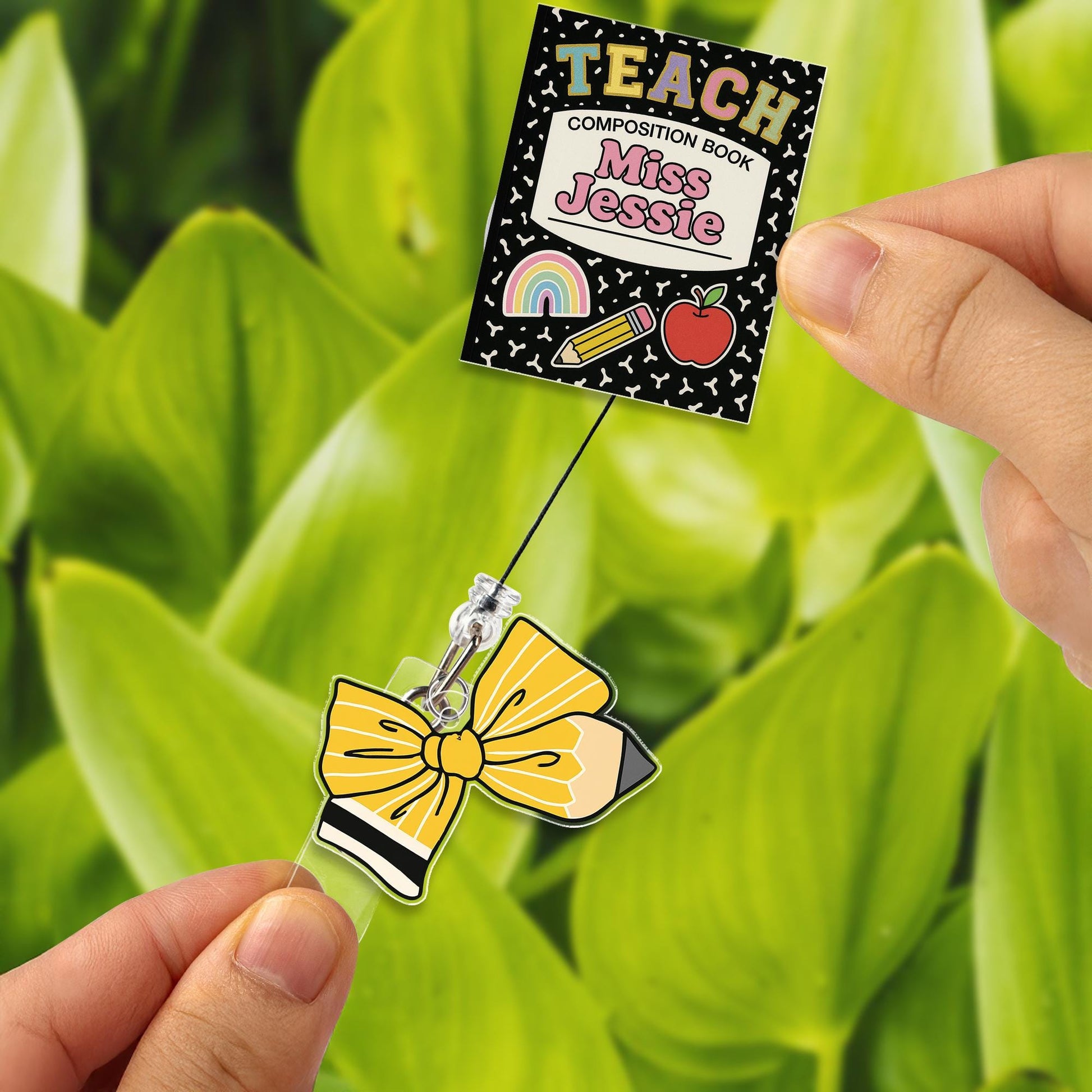 Custom Teacher Badge Reel, Back to School ID Holder, Personalized Composition Notebook Design with Pencil Bow, Cute Teacher Gift