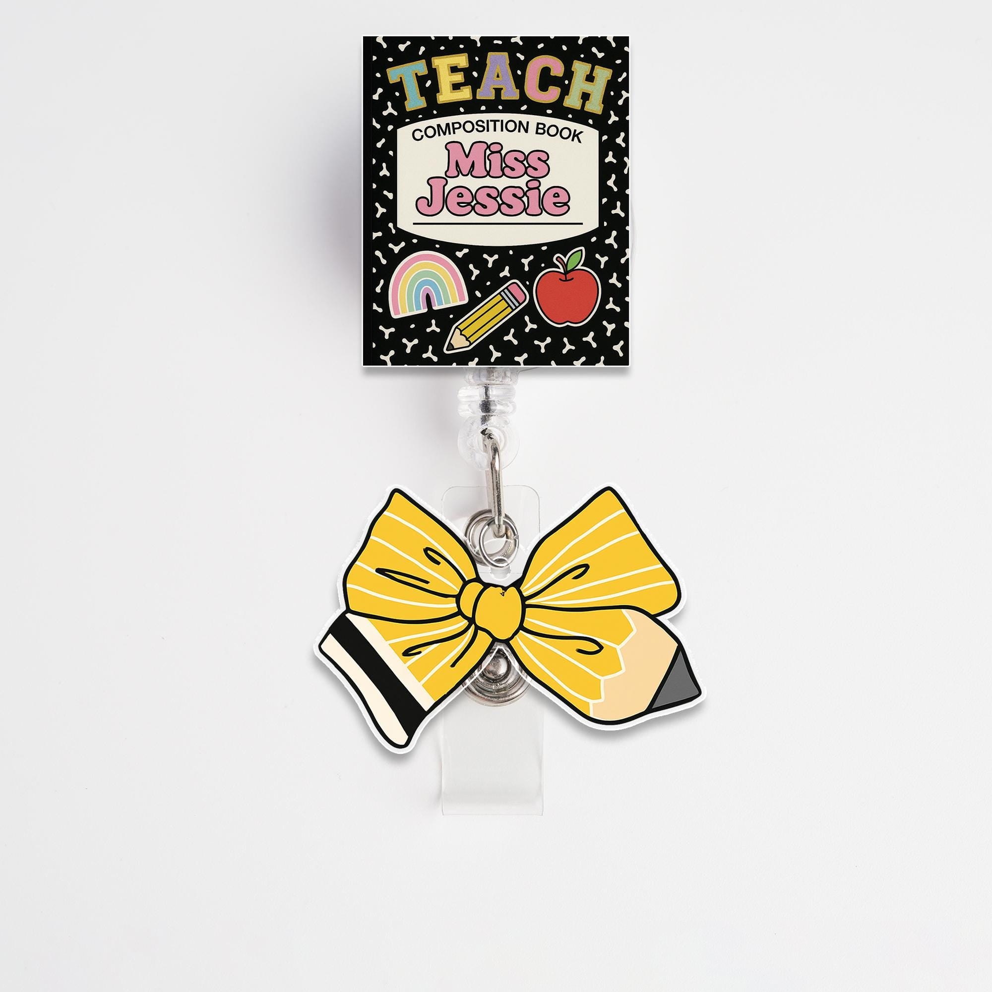 Custom Teacher Badge Reel, Back to School ID Holder, Personalized Composition Notebook Design with Pencil Bow, Cute Teacher Gift