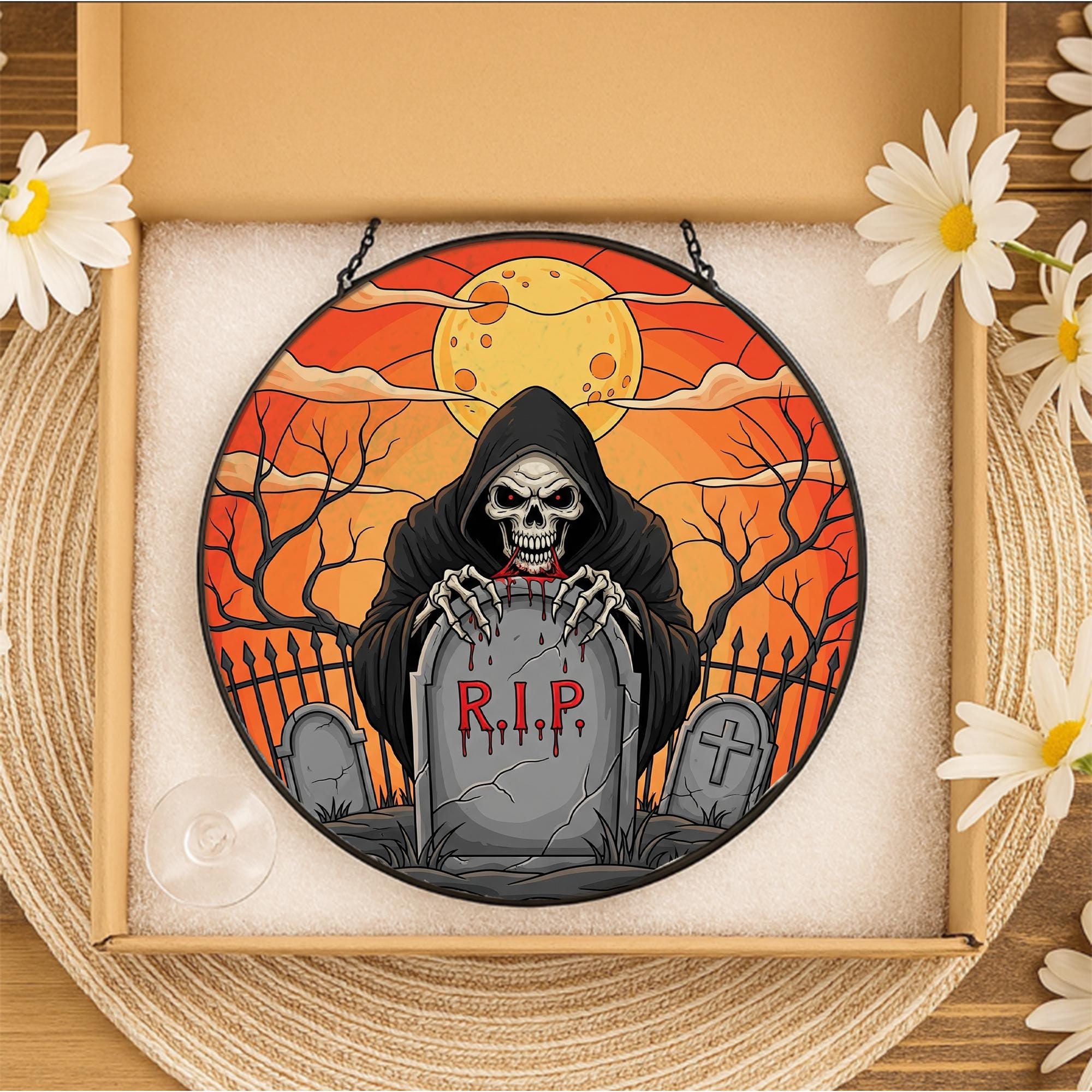 Grim Reaper RIP ornament | Gothic Halloween Stained Glass Hanging | Spooky Skull Grave Art | Creepy Window Decor