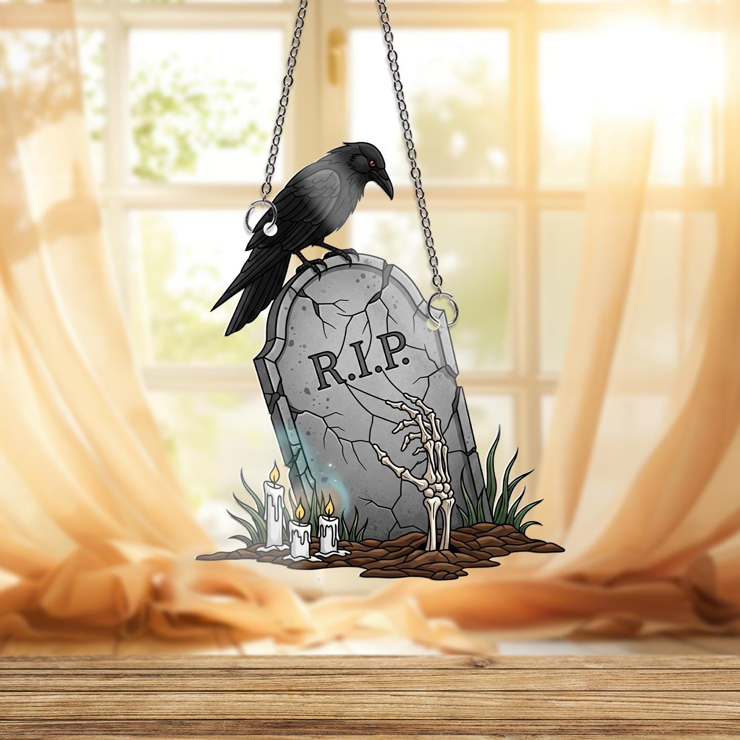 RIP Tombstone Raven ornament | Halloween Skeleton Window Decor | Gothic Spooky Hanging Art | Haunted Grave Glass Ornament