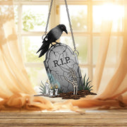 RIP Tombstone Raven ornament | Halloween Skeleton Window Decor | Gothic Spooky Hanging Art | Haunted Grave Glass Ornament