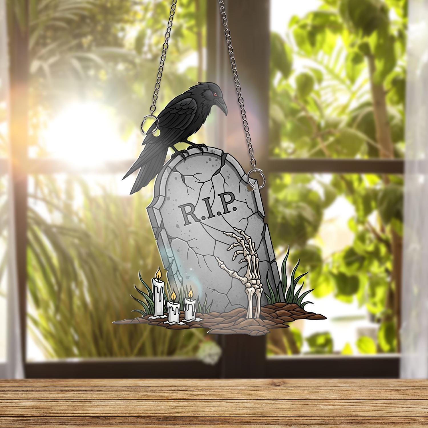 RIP Tombstone Raven ornament | Halloween Skeleton Window Decor | Gothic Spooky Hanging Art | Haunted Grave Glass Ornament