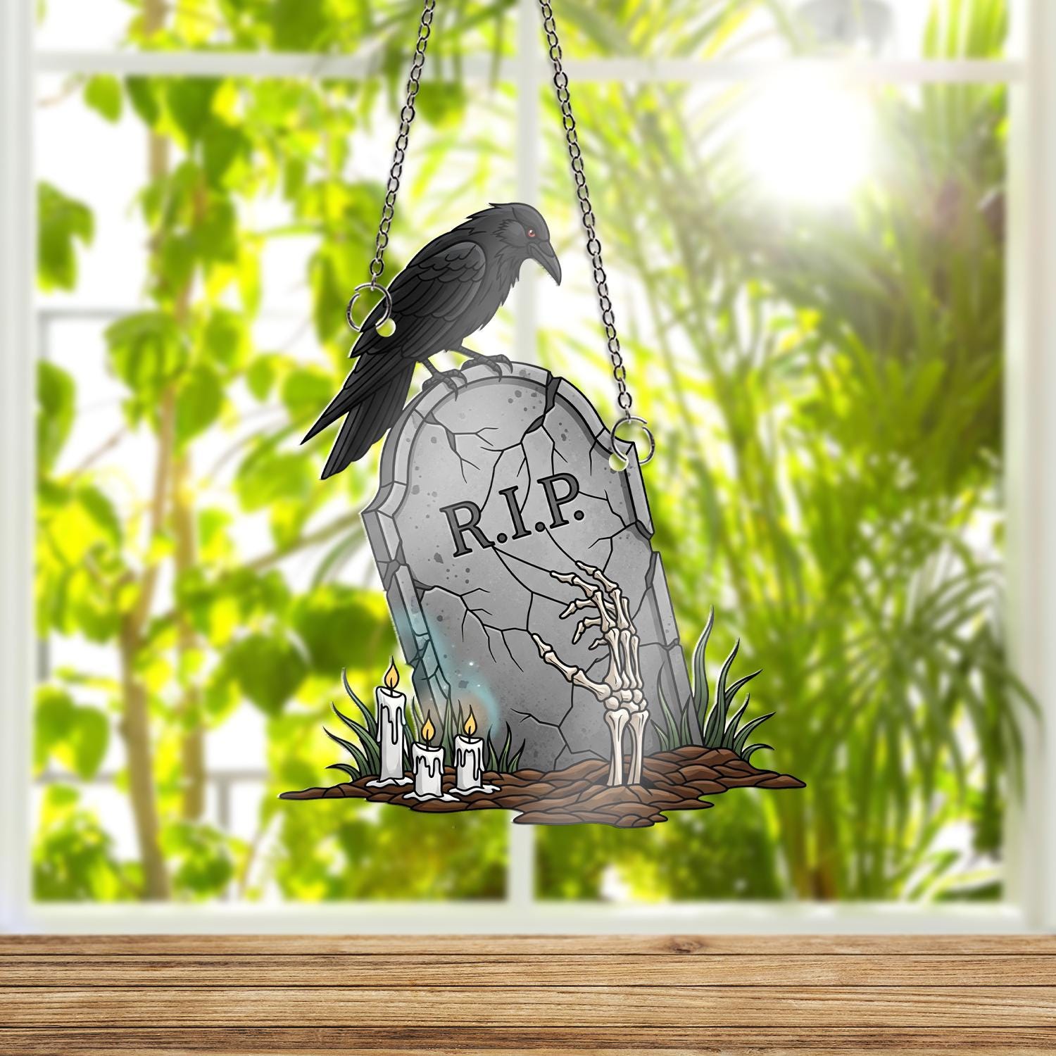 RIP Tombstone Raven ornament | Halloween Skeleton Window Decor | Gothic Spooky Hanging Art | Haunted Grave Glass Ornament