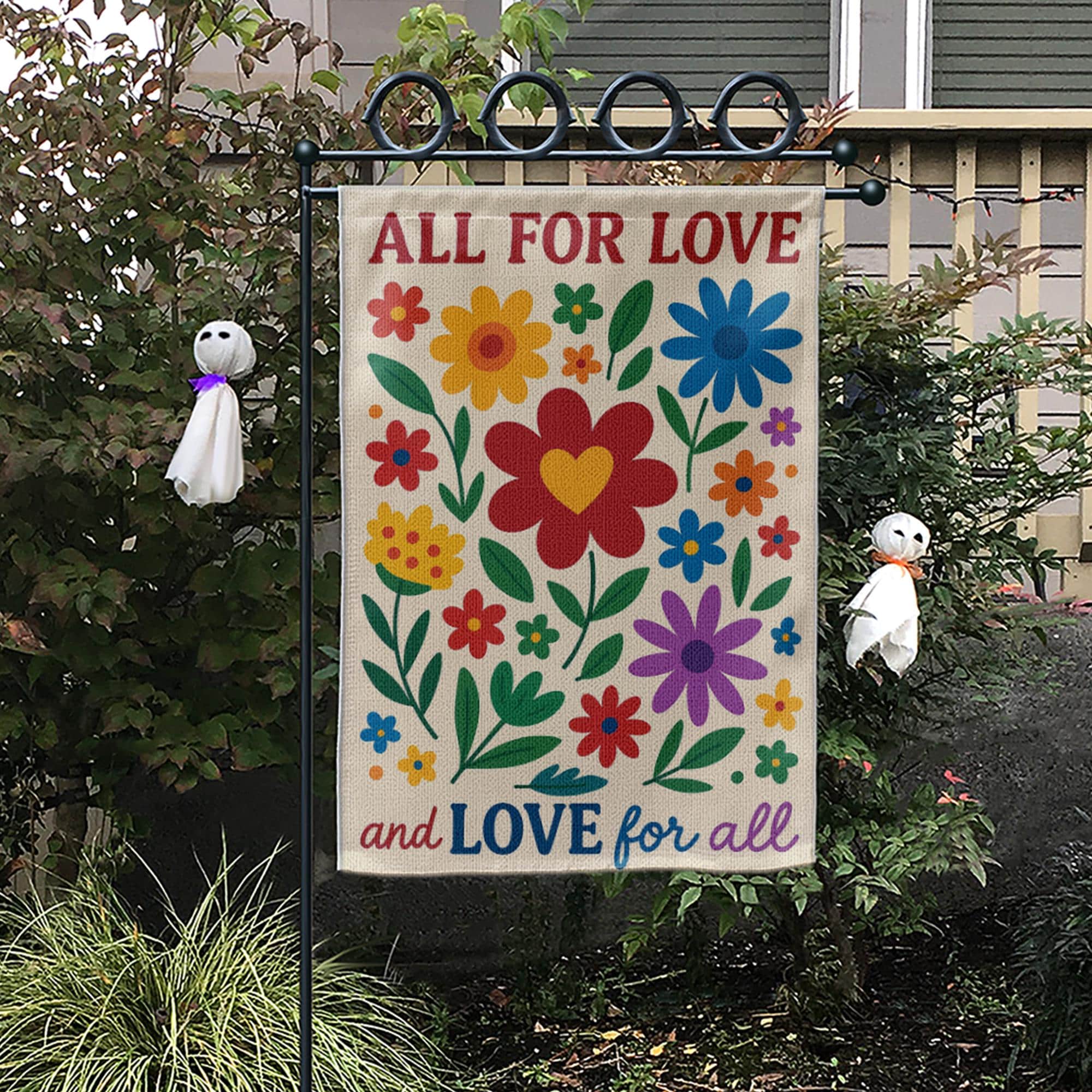 All for Love Garden Flag, Love for All Yard Sign, Colorful Floral Outdoor Decor, Pride Equality Flag, Inclusive Garden Banner