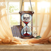 Mystic Hourglass Skull ornament | Gothic Tree of Life Window Decor | Occult Witchy Glass Hanging | Dark Academia Halloween Art