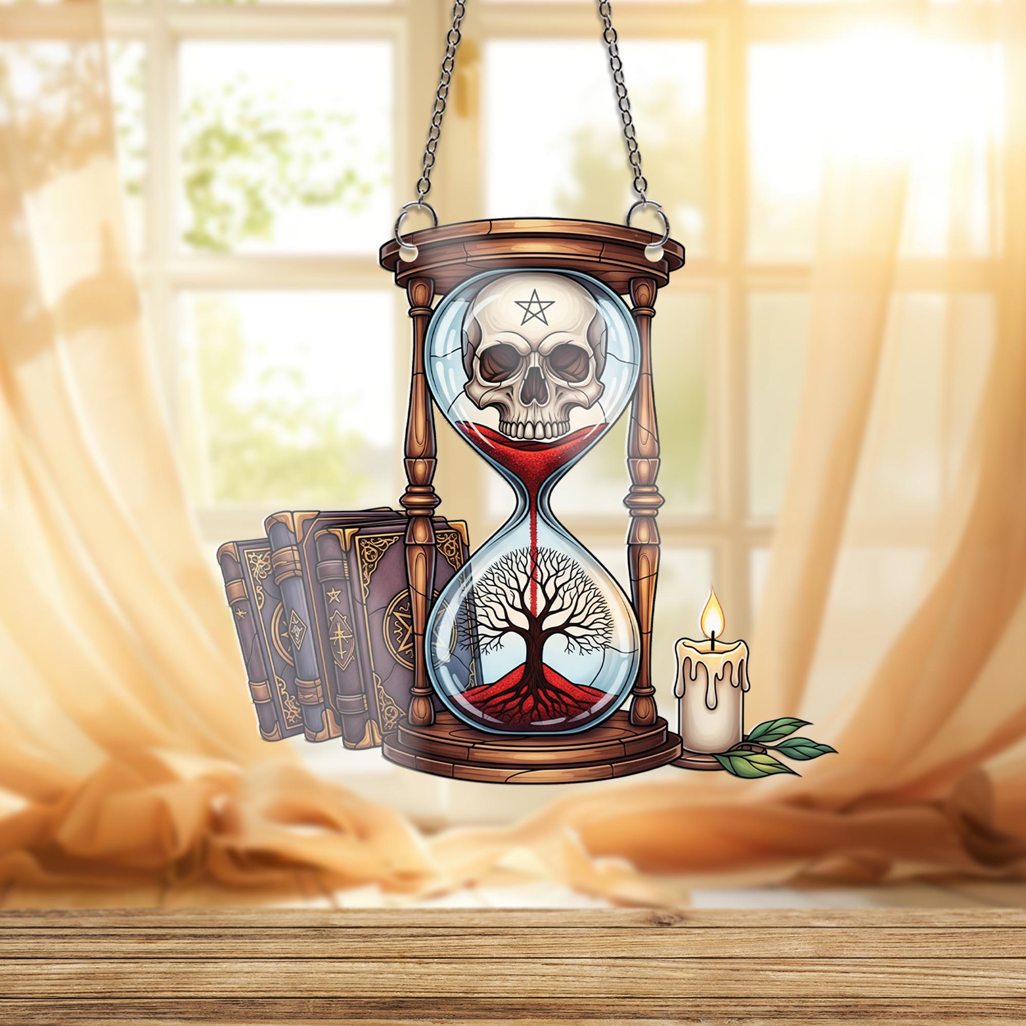 Mystic Hourglass Skull ornament | Gothic Tree of Life Window Decor | Occult Witchy Glass Hanging | Dark Academia Halloween Art