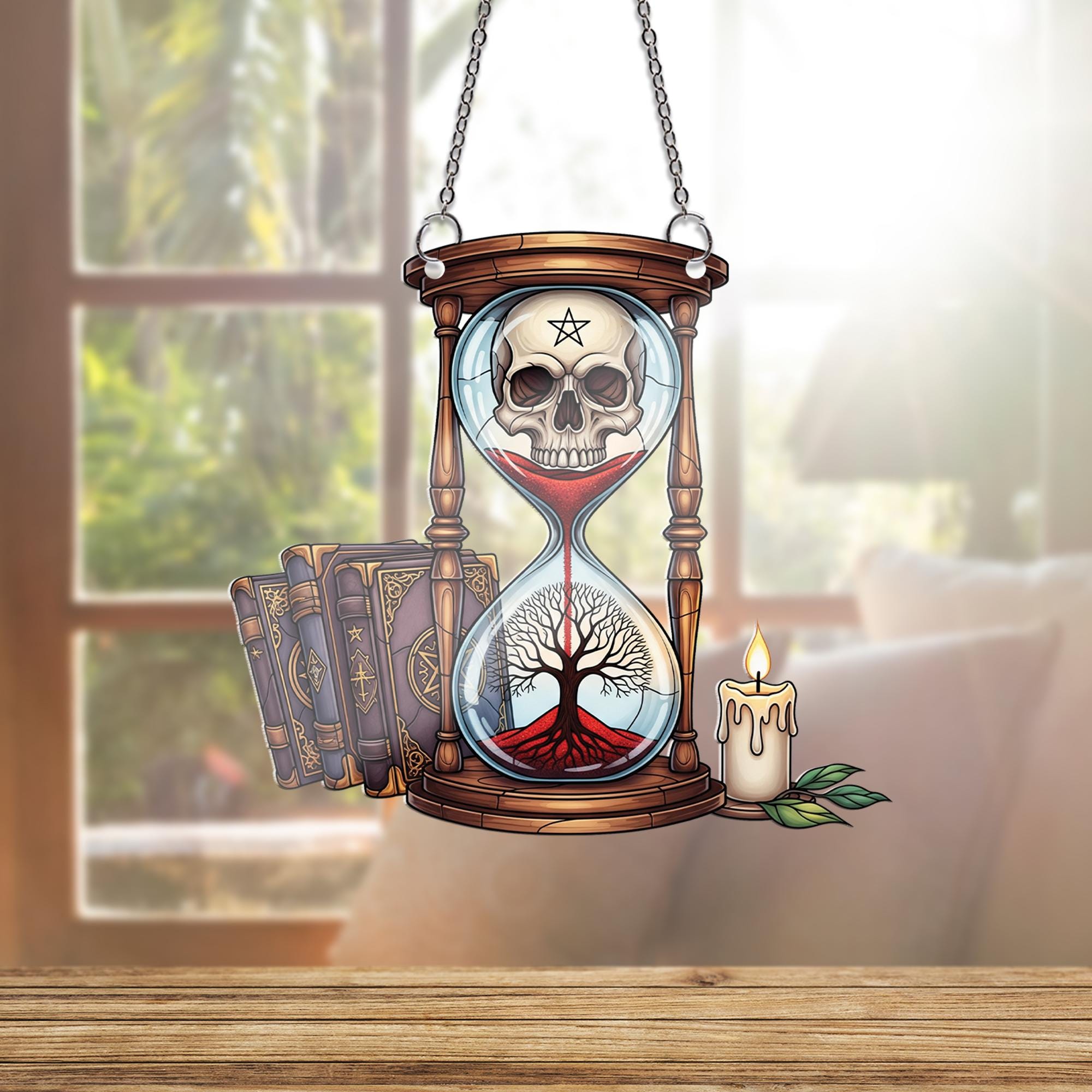 Mystic Hourglass Skull ornament | Gothic Tree of Life Window Decor | Occult Witchy Glass Hanging | Dark Academia Halloween Art