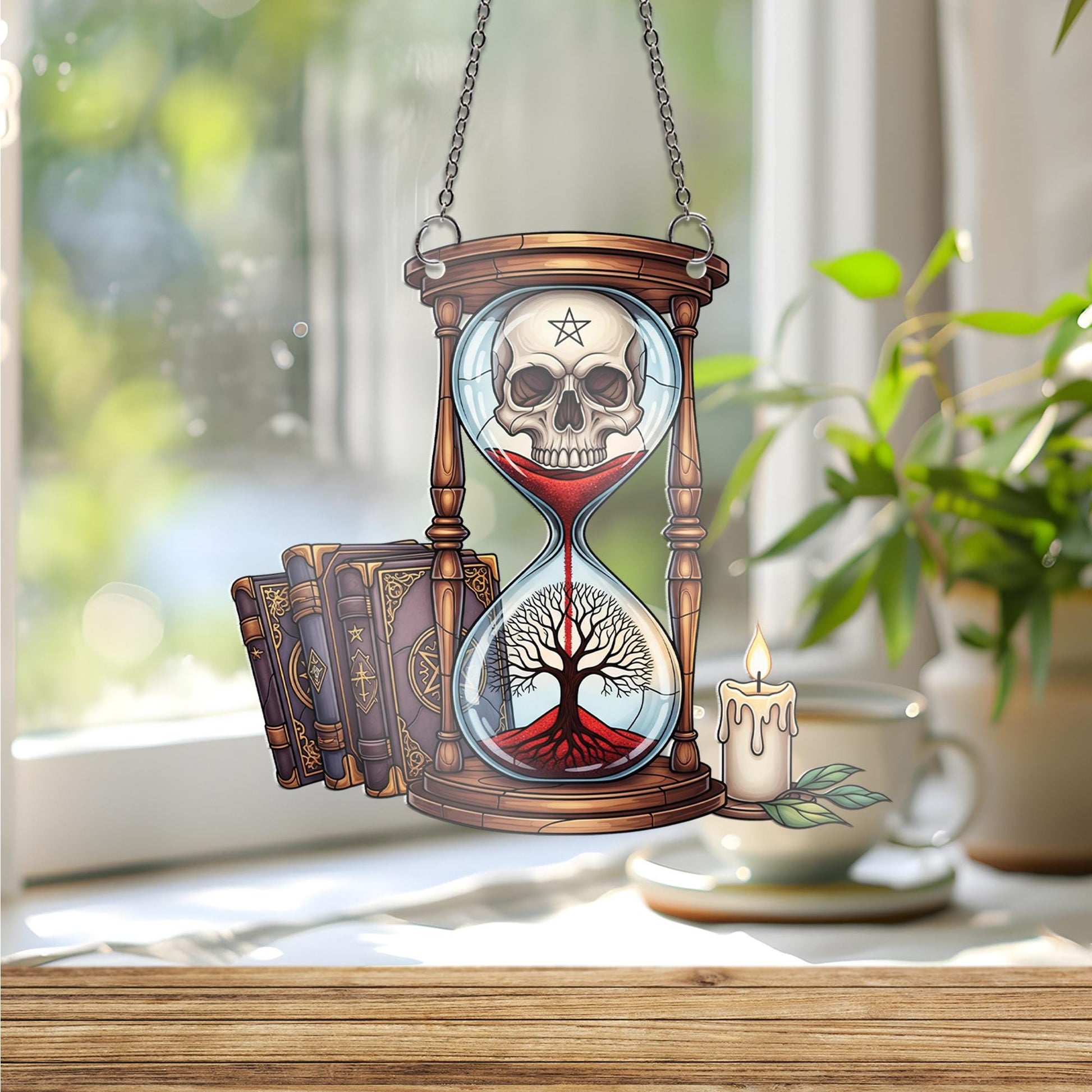 Mystic Hourglass Skull ornament | Gothic Tree of Life Window Decor | Occult Witchy Glass Hanging | Dark Academia Halloween Art