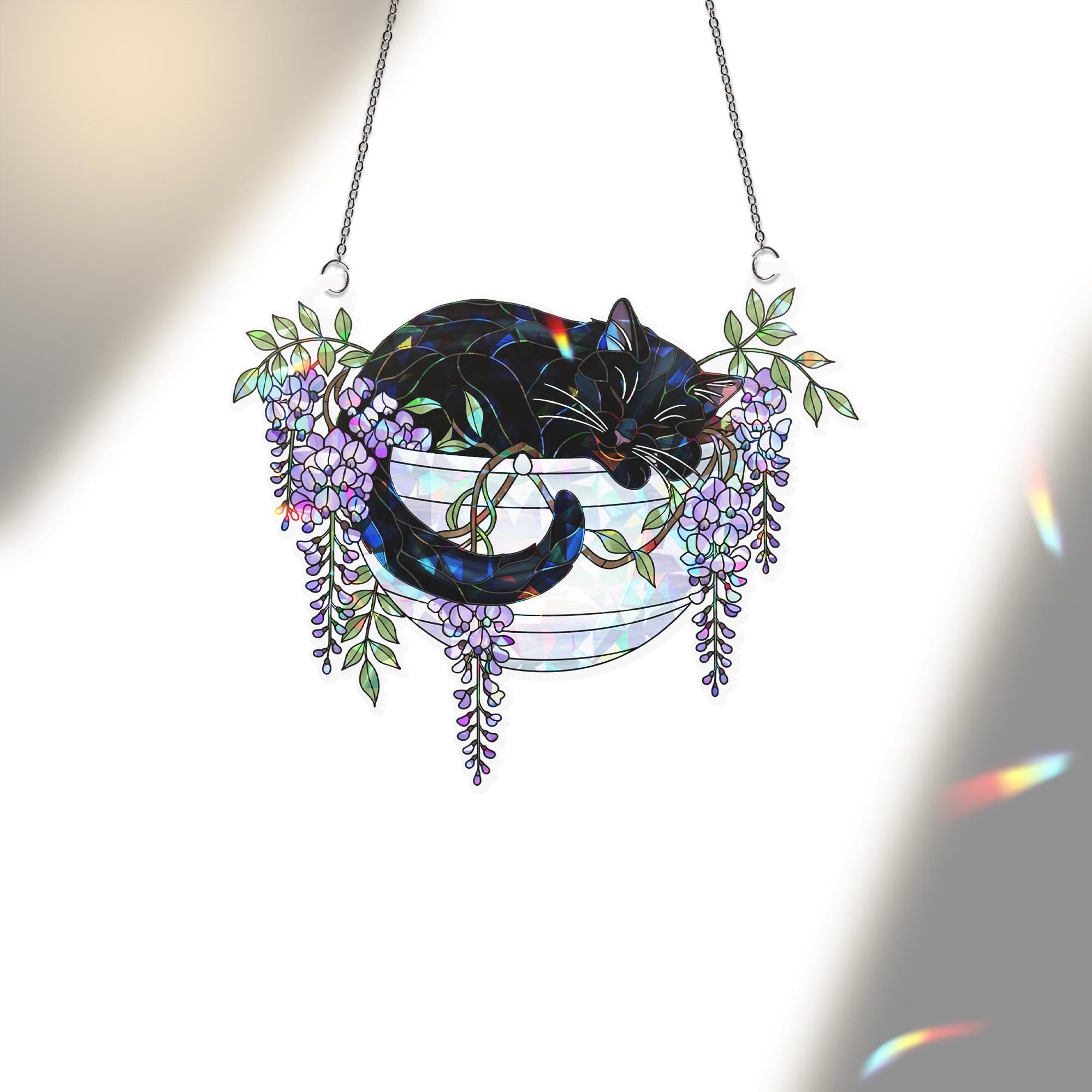 Black Cat with Wisteria Flowers Hologram Ornament, Sleeping Black Cat ACRYLIC Hanging Window Decor, Wisteria Floral Art Gift, Cat Lover Gift