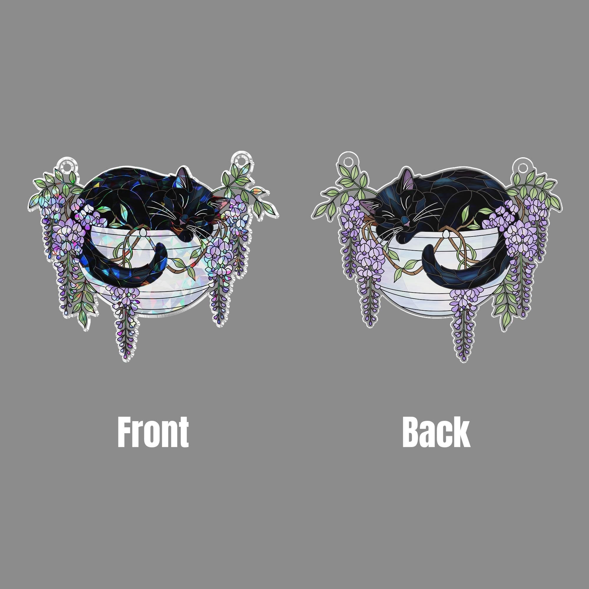Black Cat with Wisteria Flowers Hologram Ornament, Sleeping Black Cat ACRYLIC Hanging Window Decor, Wisteria Floral Art Gift, Cat Lover Gift