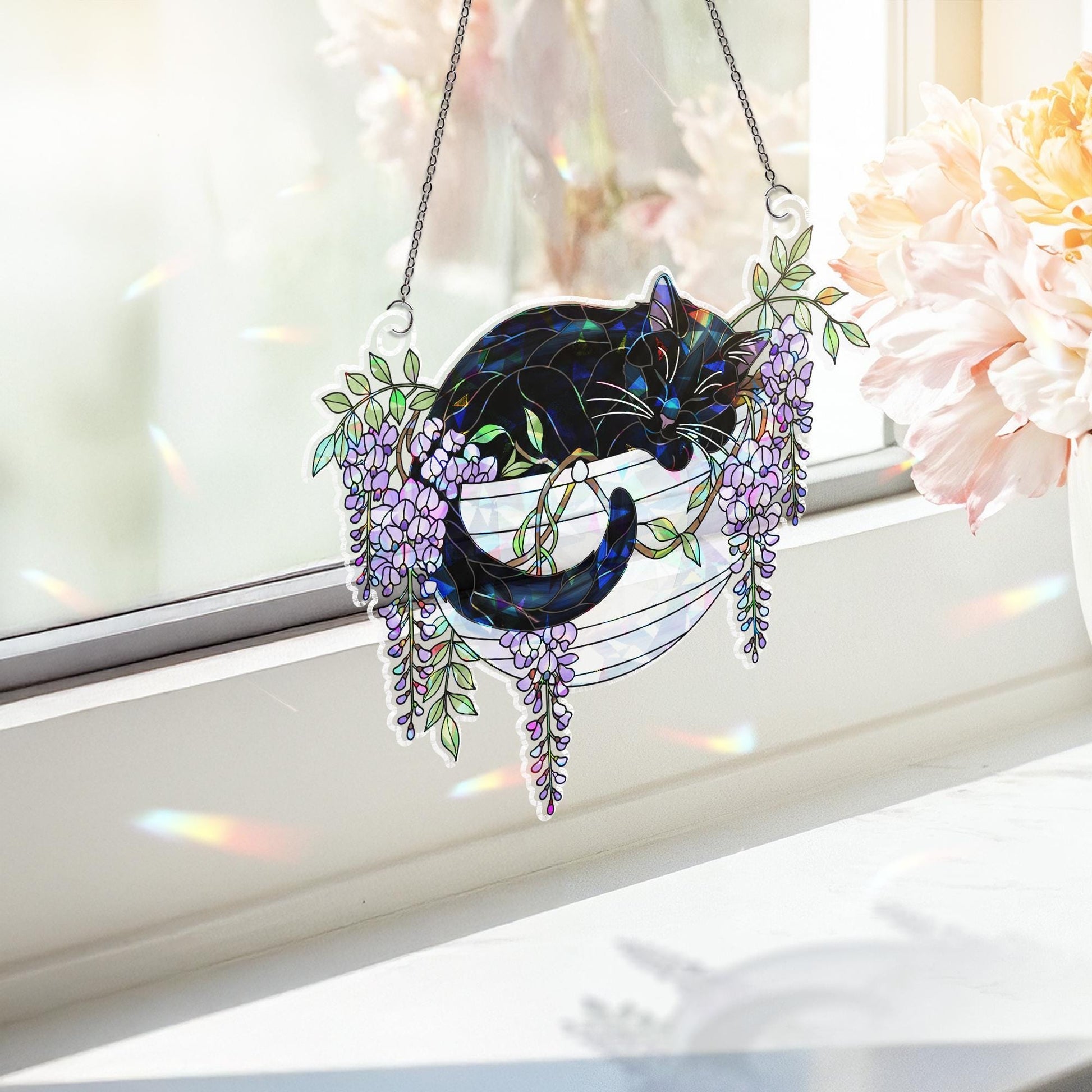 Black Cat with Wisteria Flowers Hologram Ornament, Sleeping Black Cat ACRYLIC Hanging Window Decor, Wisteria Floral Art Gift, Cat Lover Gift