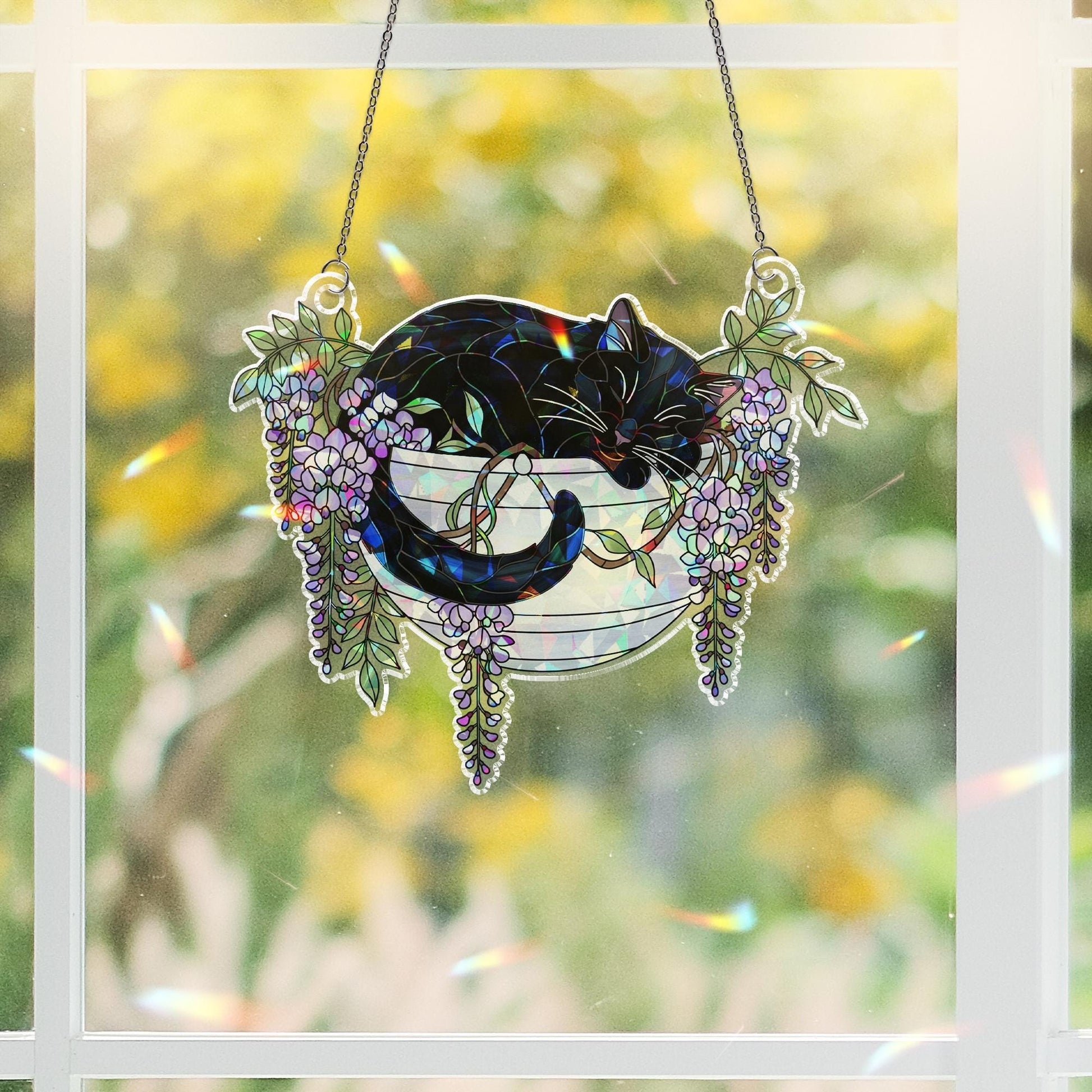 Black Cat with Wisteria Flowers Hologram Ornament, Sleeping Black Cat ACRYLIC Hanging Window Decor, Wisteria Floral Art Gift, Cat Lover Gift