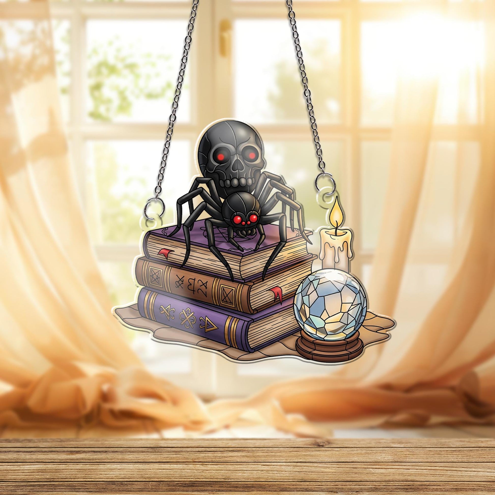 Gothic Spider Skull ornament | Witchy Crystal Ball Glass Art | Halloween Book Decor | Dark Academia Window Hanging