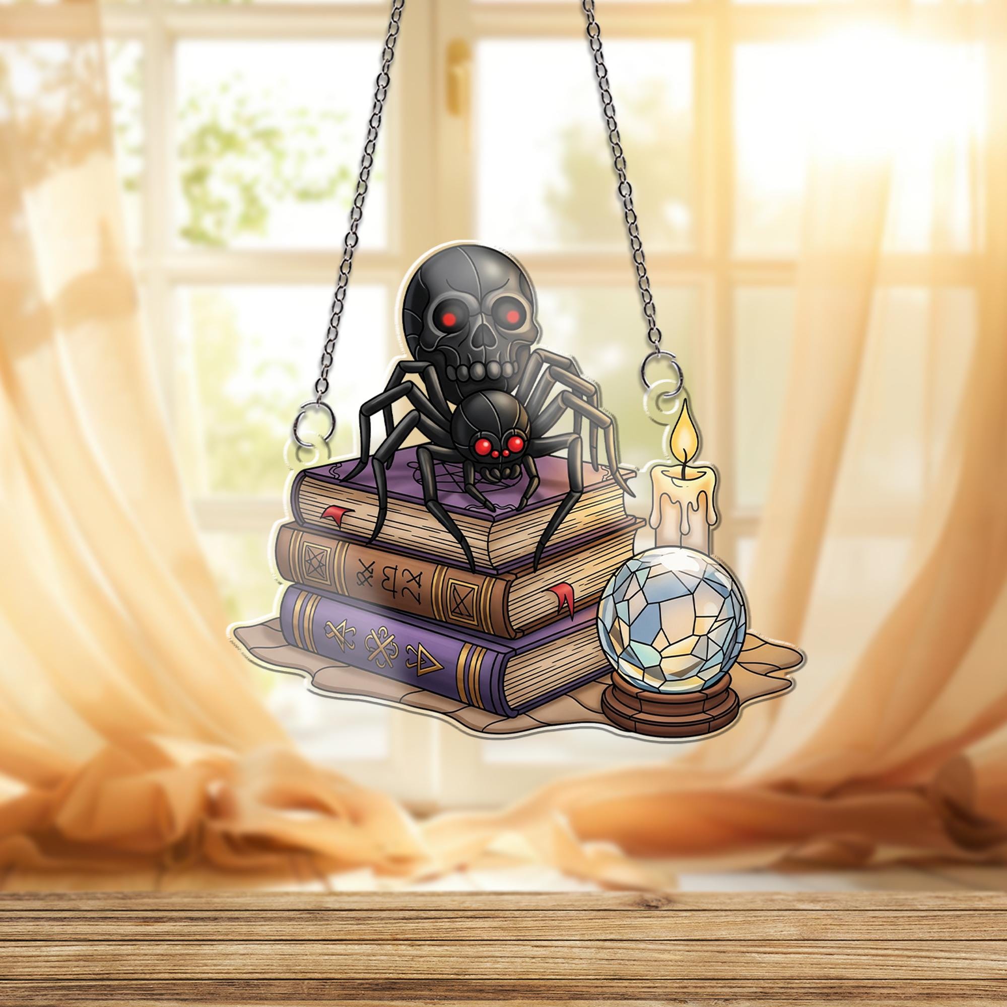 Gothic Spider Skull ornament | Witchy Crystal Ball Glass Art | Halloween Book Decor | Dark Academia Window Hanging