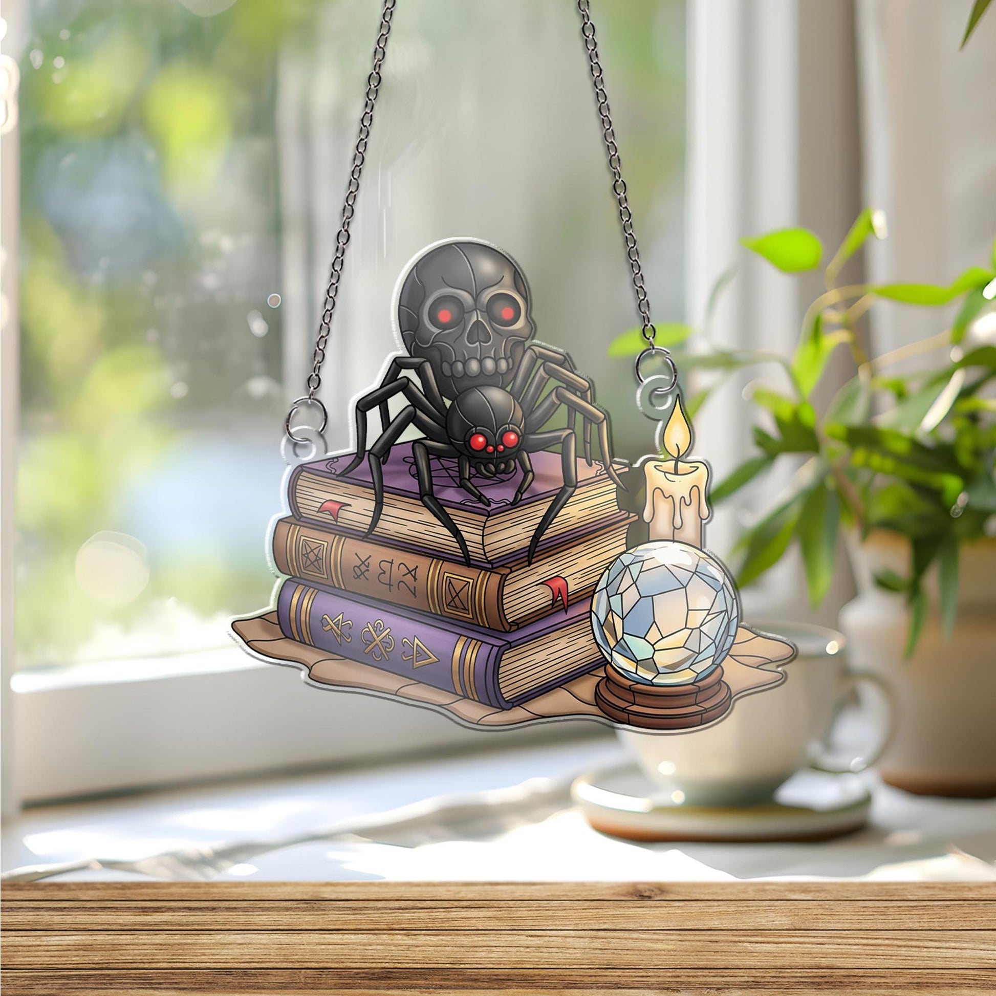 Gothic Spider Skull ornament | Witchy Crystal Ball Glass Art | Halloween Book Decor | Dark Academia Window Hanging